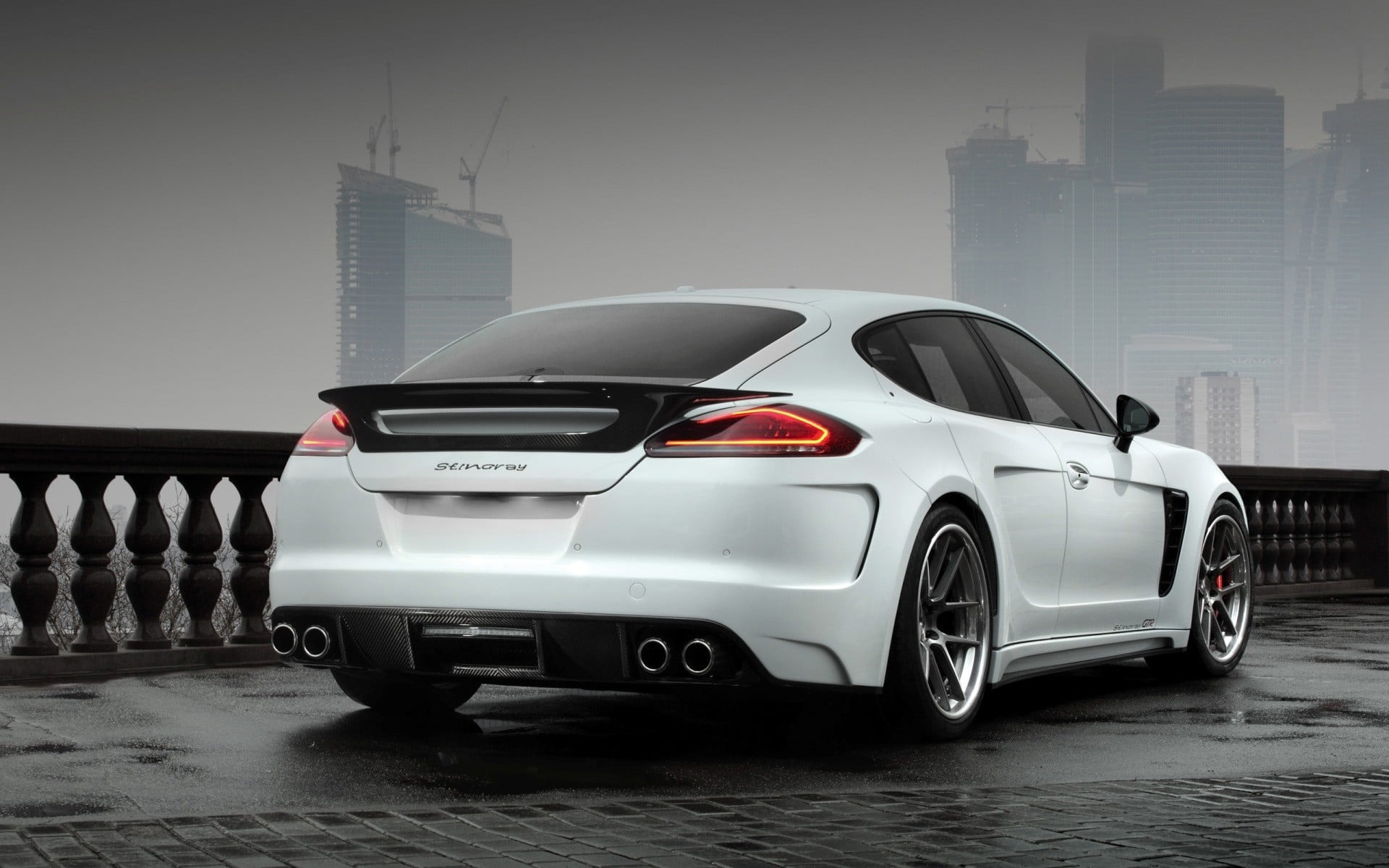 outdoors, motor vehicle, retro styled, no people, white cars, car, land vehicle, transportation, architecture, Porsche Panamera Stingray GTR, day, stationary, HD Wallpaper
