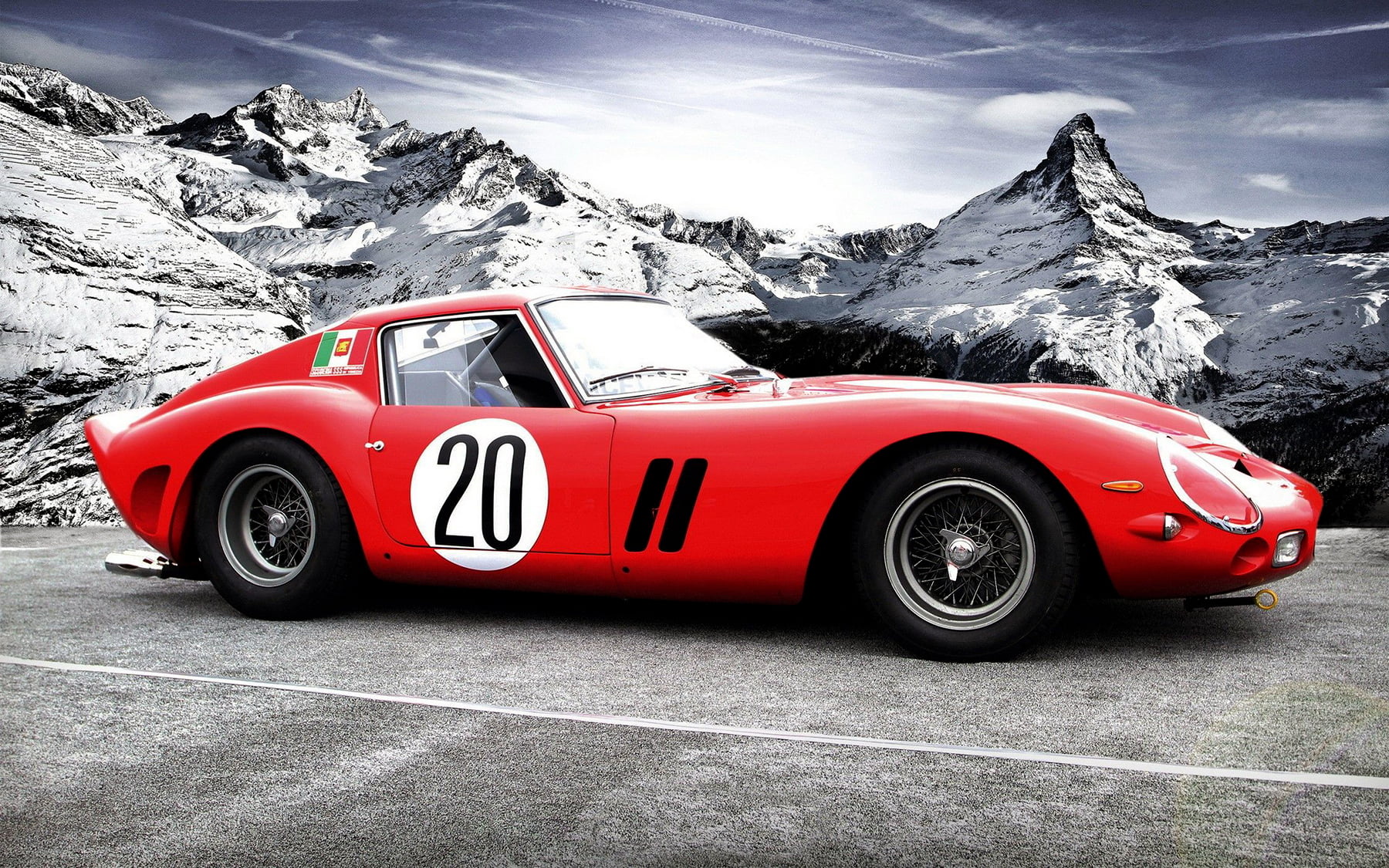 car, day, gto, beauty in nature, speed, snowcapped mountain, no people, 250, racecar, cloud - sky, 720P, red, nature, winter, sport, cold temperature, HD Wallpaper