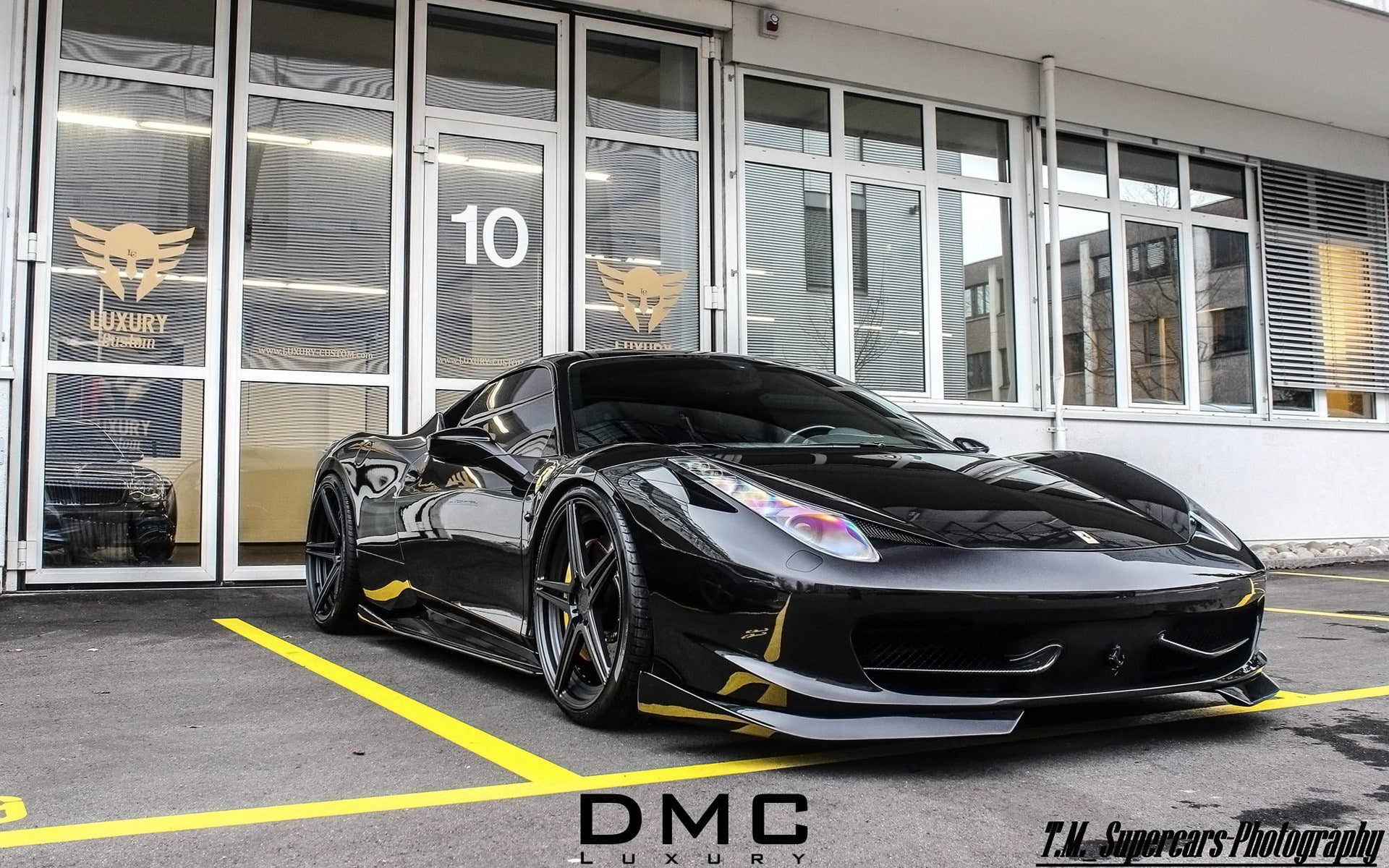 no people, mode of transportation, building exterior, text, motor vehicle, luxury, black color, Ferrari 458 Italia, architecture, land vehicle, road, 1080P, HD Wallpaper