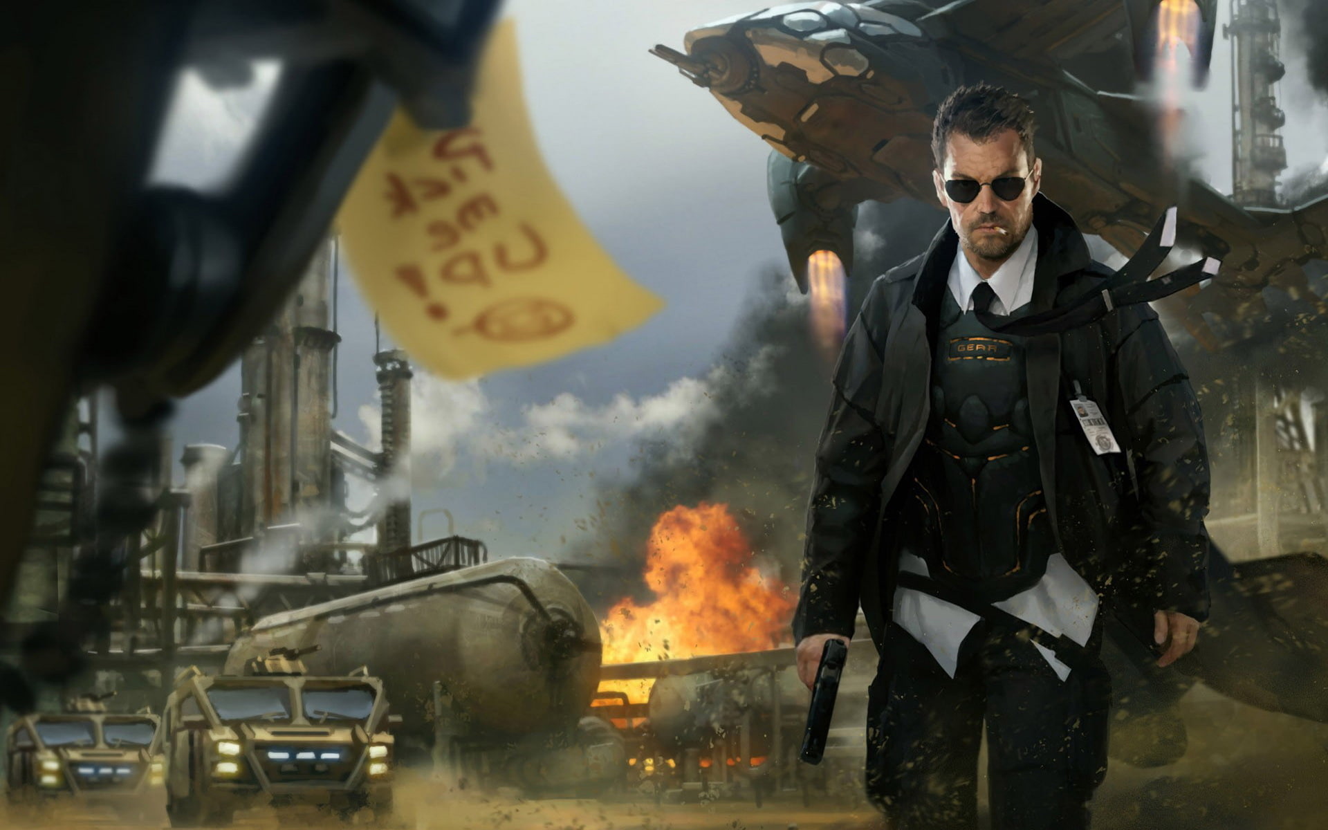 man, the explosion, safety, responsibility, black, 1080P, occupation, men, suit, burning, one person, uniform, Special agent, communication, coat, fire - natural phenomenon, HD Wallpaper