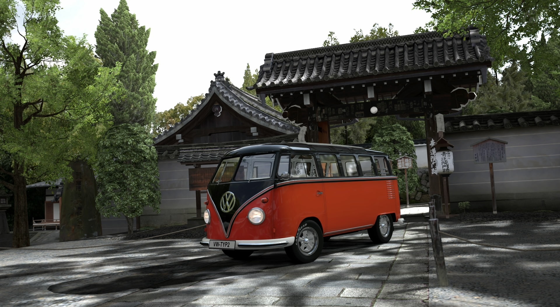 kombi, land vehicle, gran turismo 5, architecture, vw t1, red, mode of transportation, built structure, Volkswagen, Gran Turismo, Games, plant, video game, HD Wallpaper
