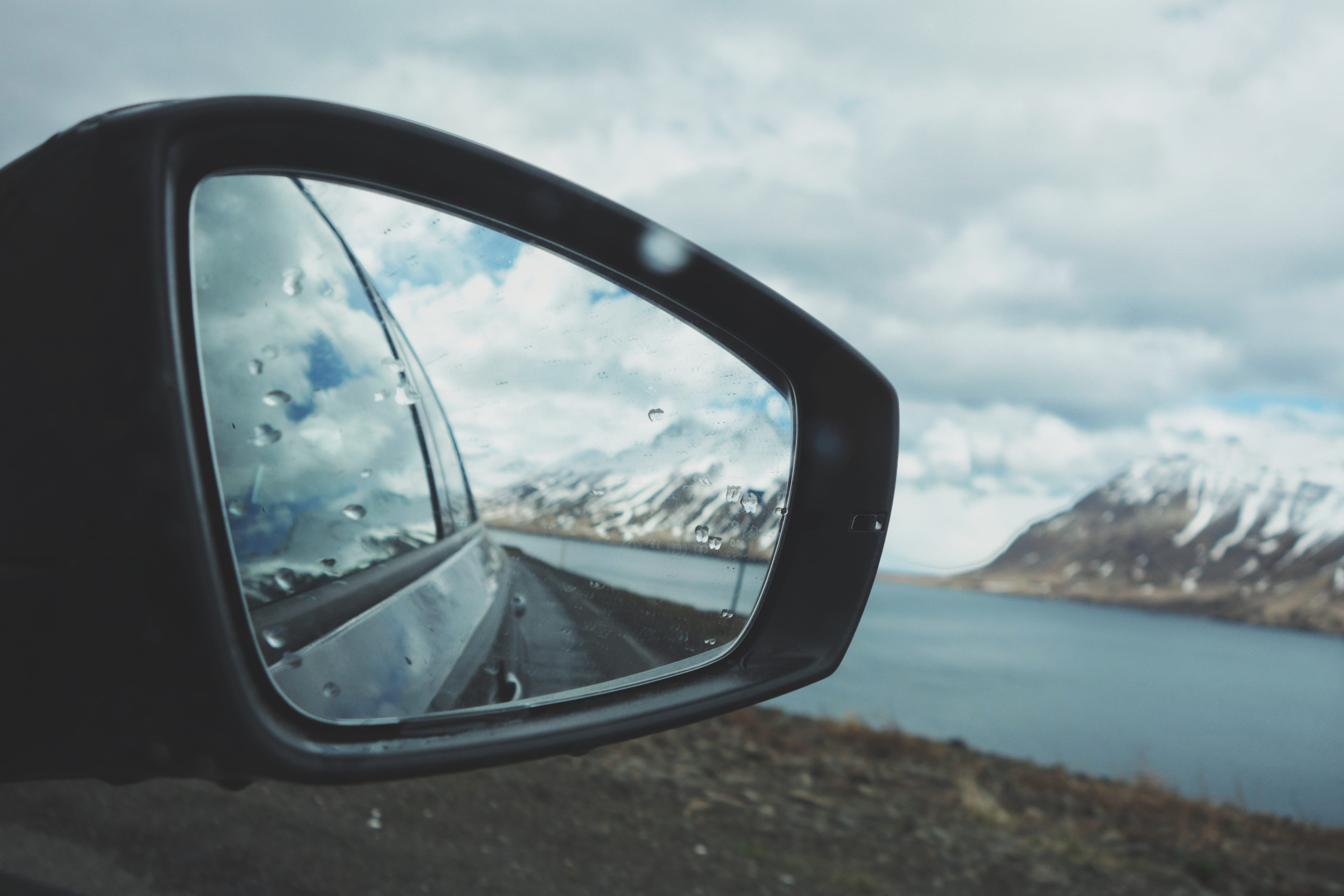 vehicle interior, avi, wv, mode of transportation, vehicle mirror, motor vehicle, no people, glass - material, droplet, beside, water droplet, mountain, HD Wallpaper