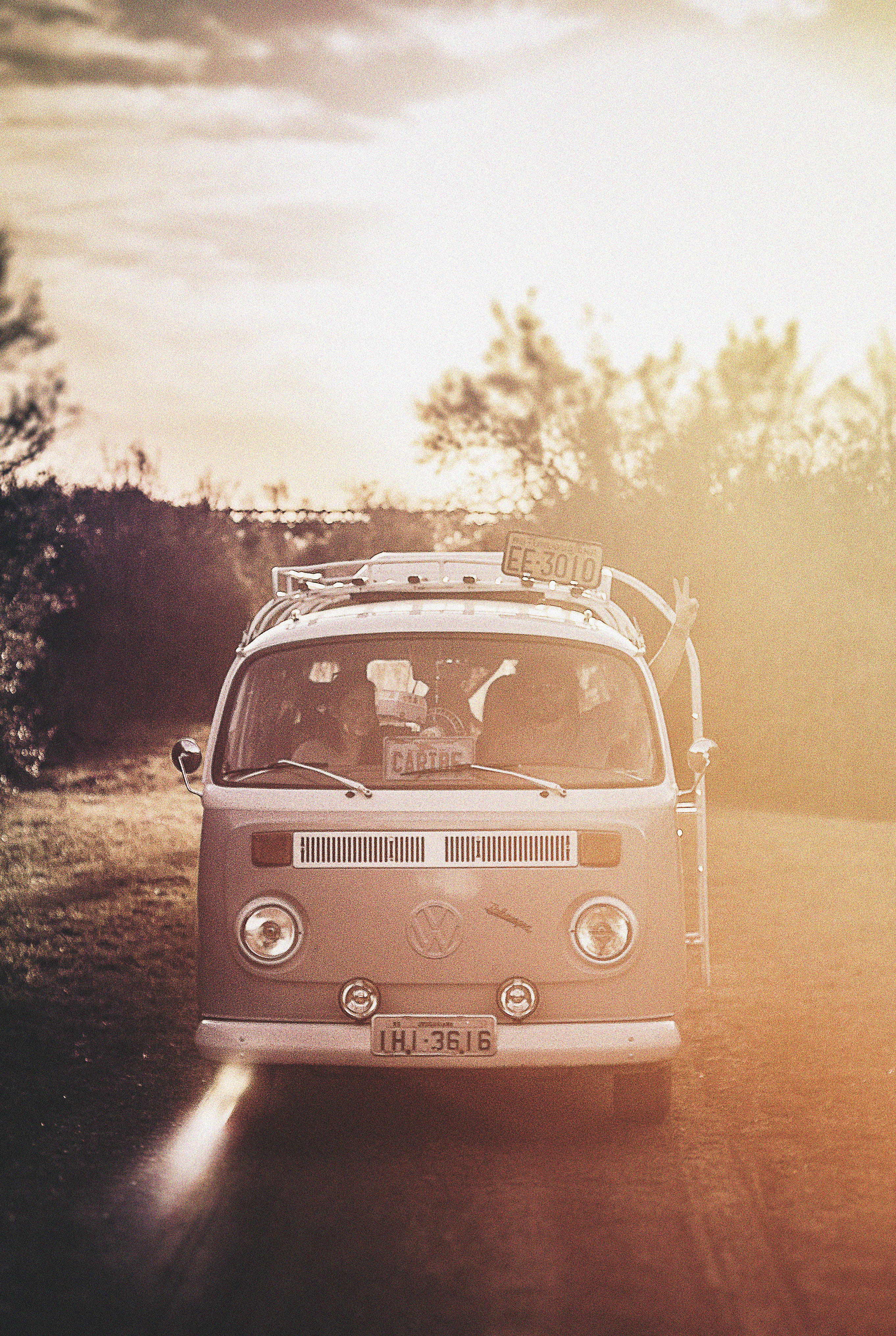 sunlight, trip, land vehicle, field, motor vehicle, 4K, land, close-up, plant, outdoors, goodvibes, kombi, no people, tree, day, selective focus, transportation, Phone HD Wallpaper