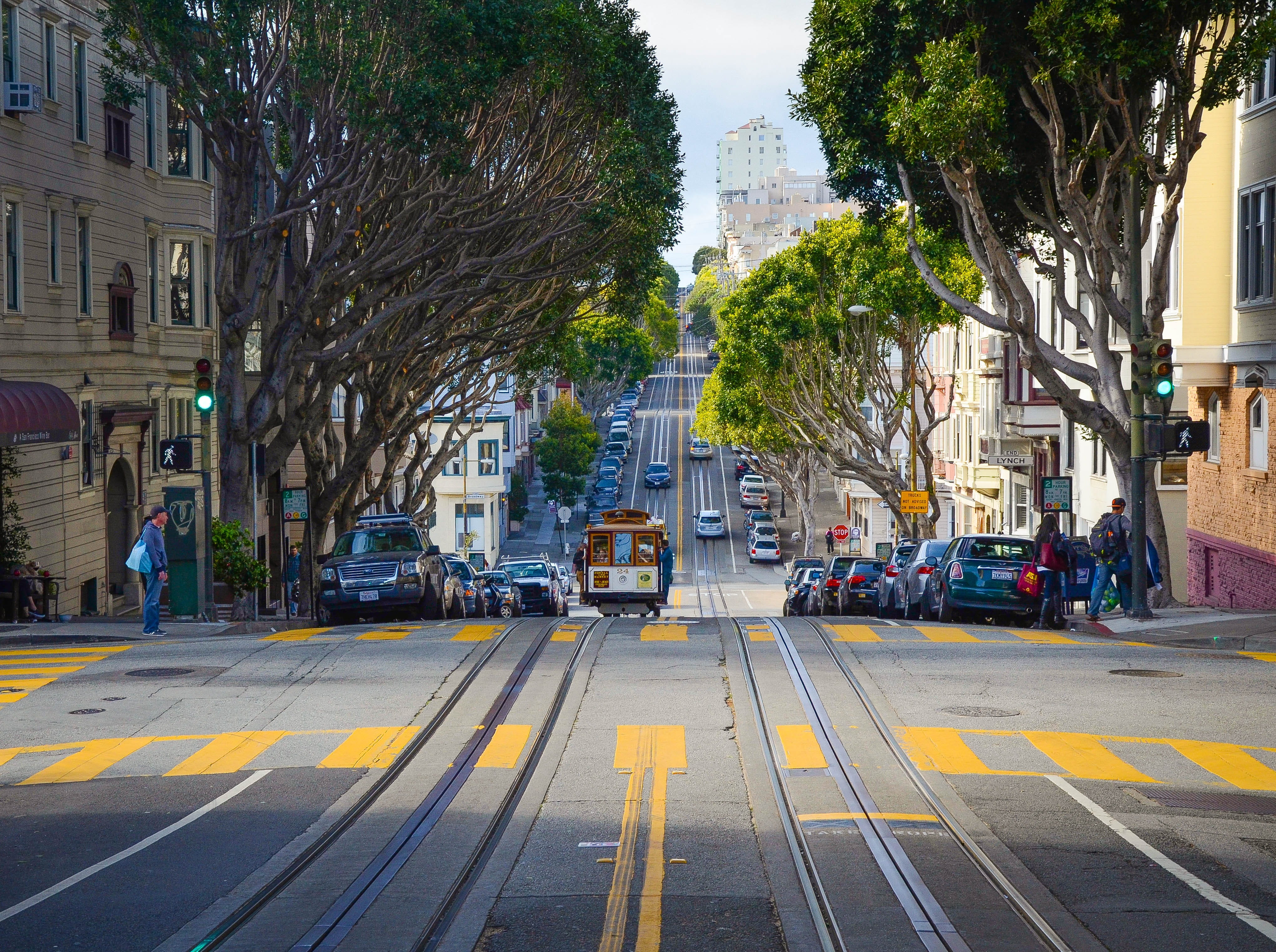 road, cable cars, mode of transportation, car, day, transportation, city street, incidental people, city, 4K, plant, tree, motor vehicle, outdoors, nature, HD Wallpaper