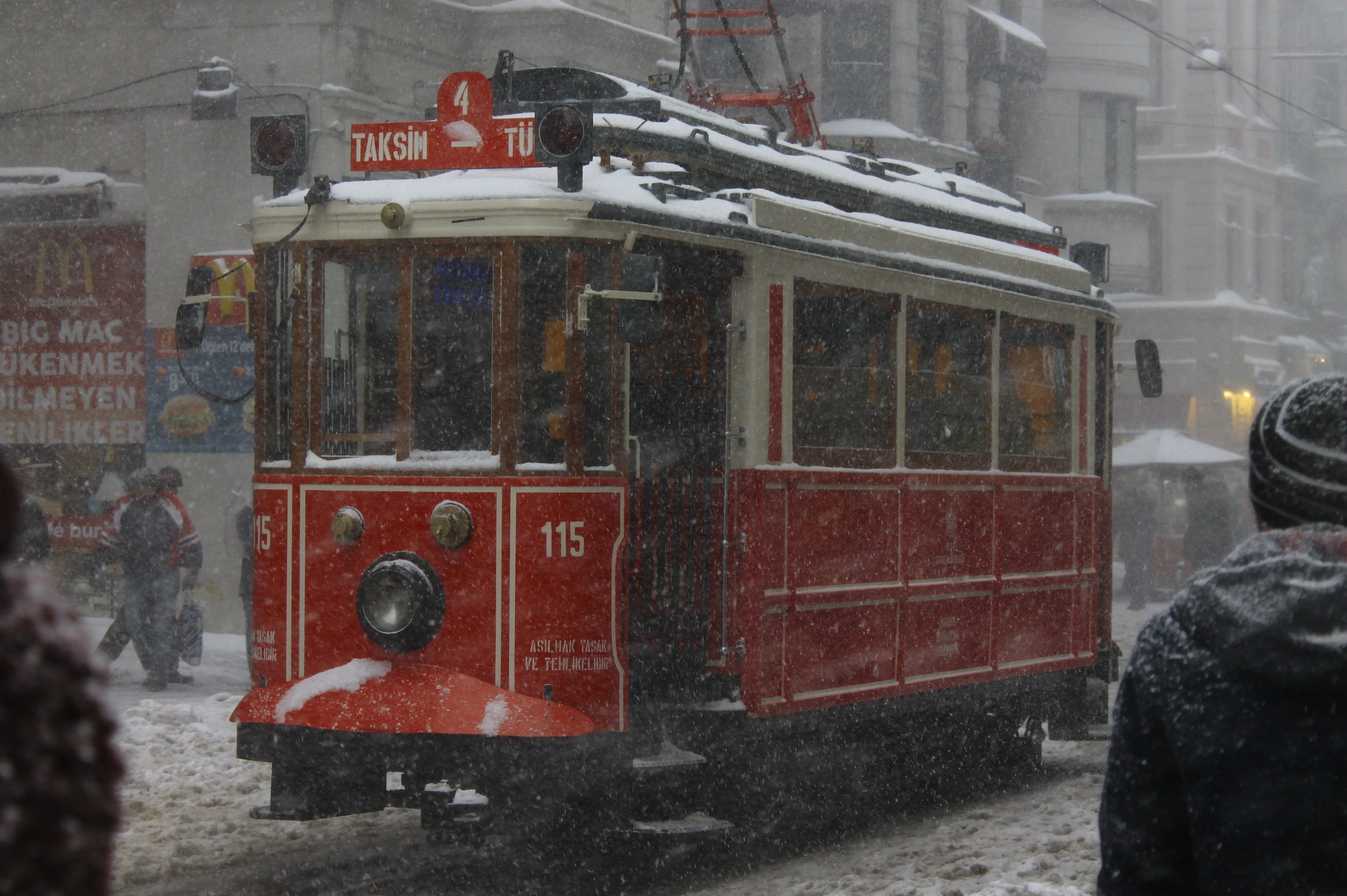 tramway, cold temperature, car, snow, land vehicle, 2K, istiklal street, winter, pera, red, blizzard, incidental people, street, transportation, glass - material, HD Wallpaper