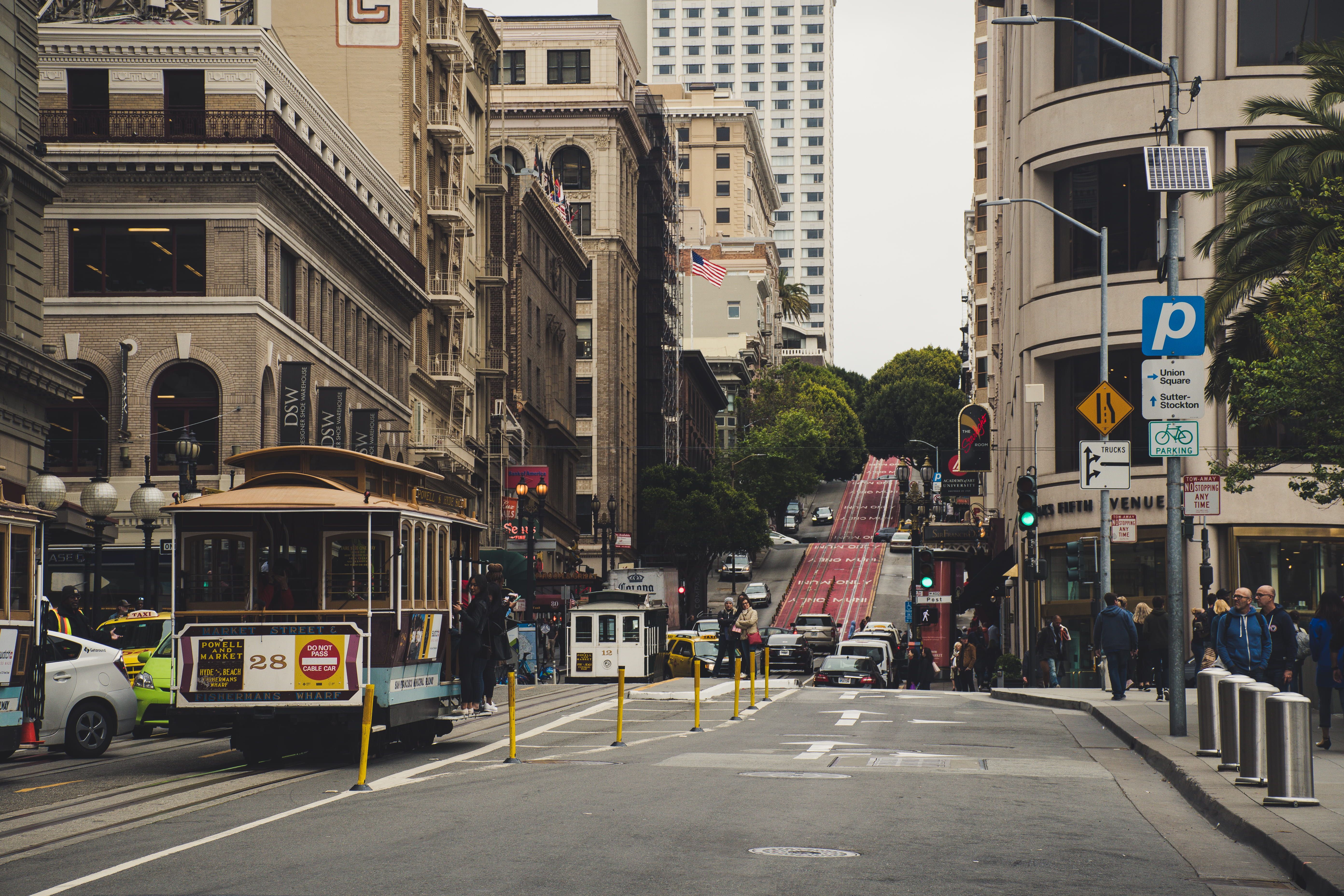 public transportation, city, transportation system, buildings, 5K, architecture, mode of transportation, road marking, street, traffic, san francisco, HD Wallpaper