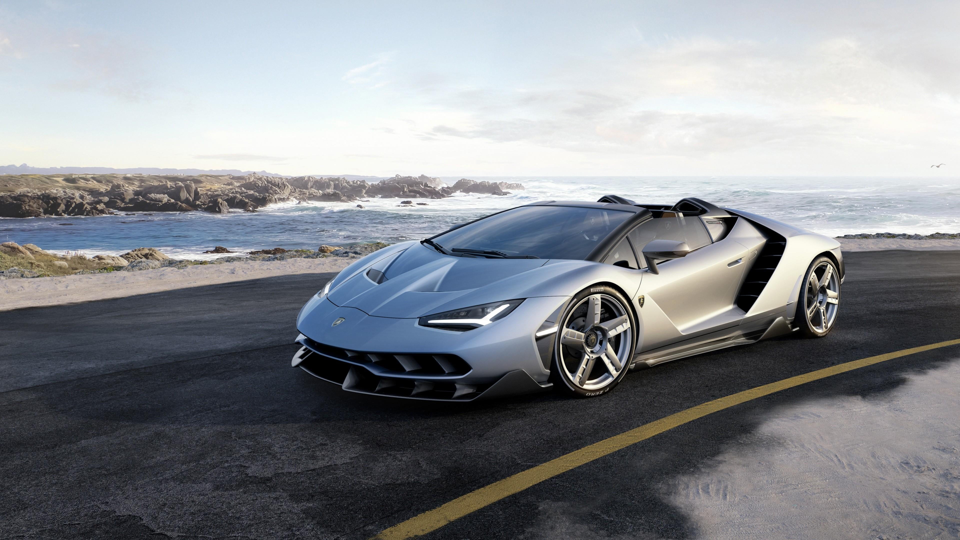sky, land vehicle, cloud - sky, luxury, winter, beach, no people, roadster, road, water, nature, motor vehicle, motion, 4K, silver colored, car, lamborghini centenario, HD Wallpaper