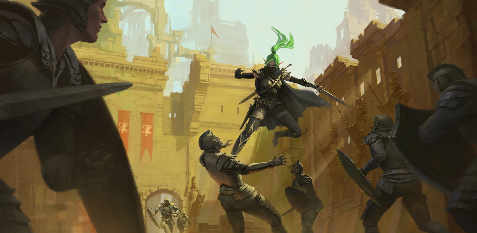 art and craft, black, 1080P, group of people, government, men, elves, fantasy art, warrior, standing, leisure activity, gun, built structure, three quarter length, HD Wallpaper