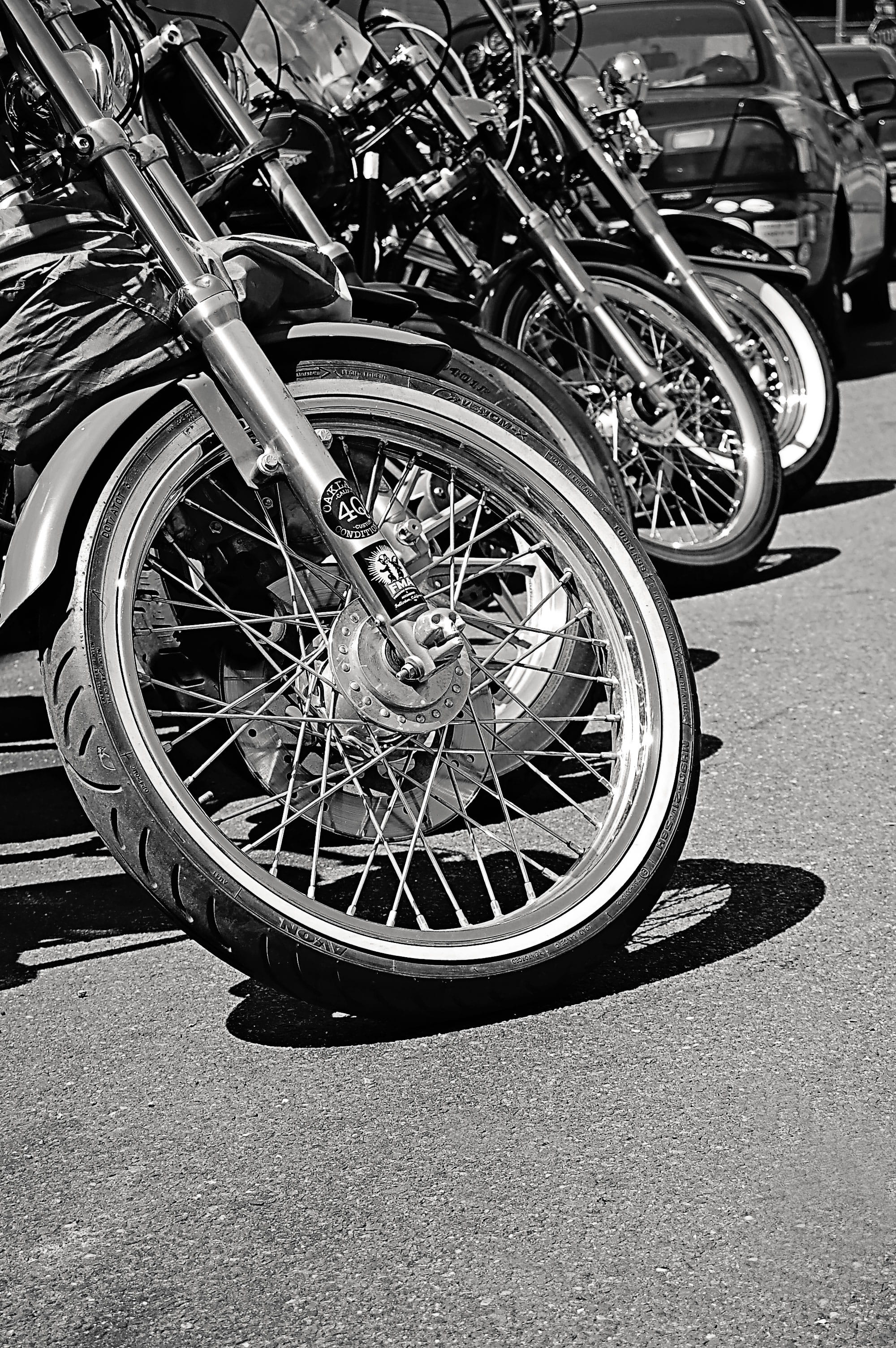 chrome, car, wheel, close-up, bicycle, no people, transportation system, outdoors, brake, mode of transportation, pavement, grayscale, motorcycles, 2K, Phone HD Wallpaper