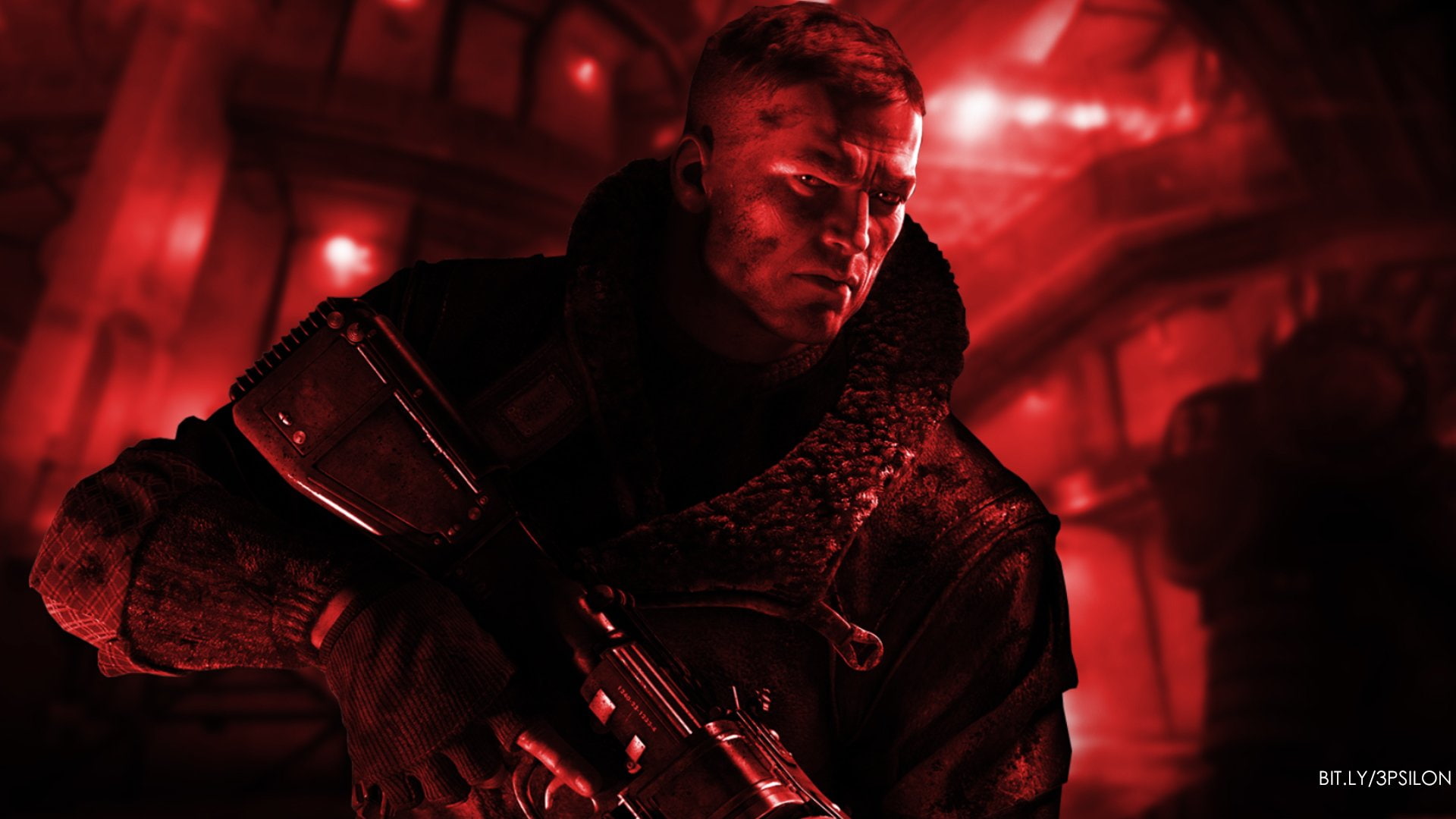 one person, males, nightlife, Bethesda, Photoshop, B.J. Blazkowicz, portrait, Wolfenstein, Shotgun, men, Red, dark, emotion, Machine, leather, focus on foreground, HD Wallpaper