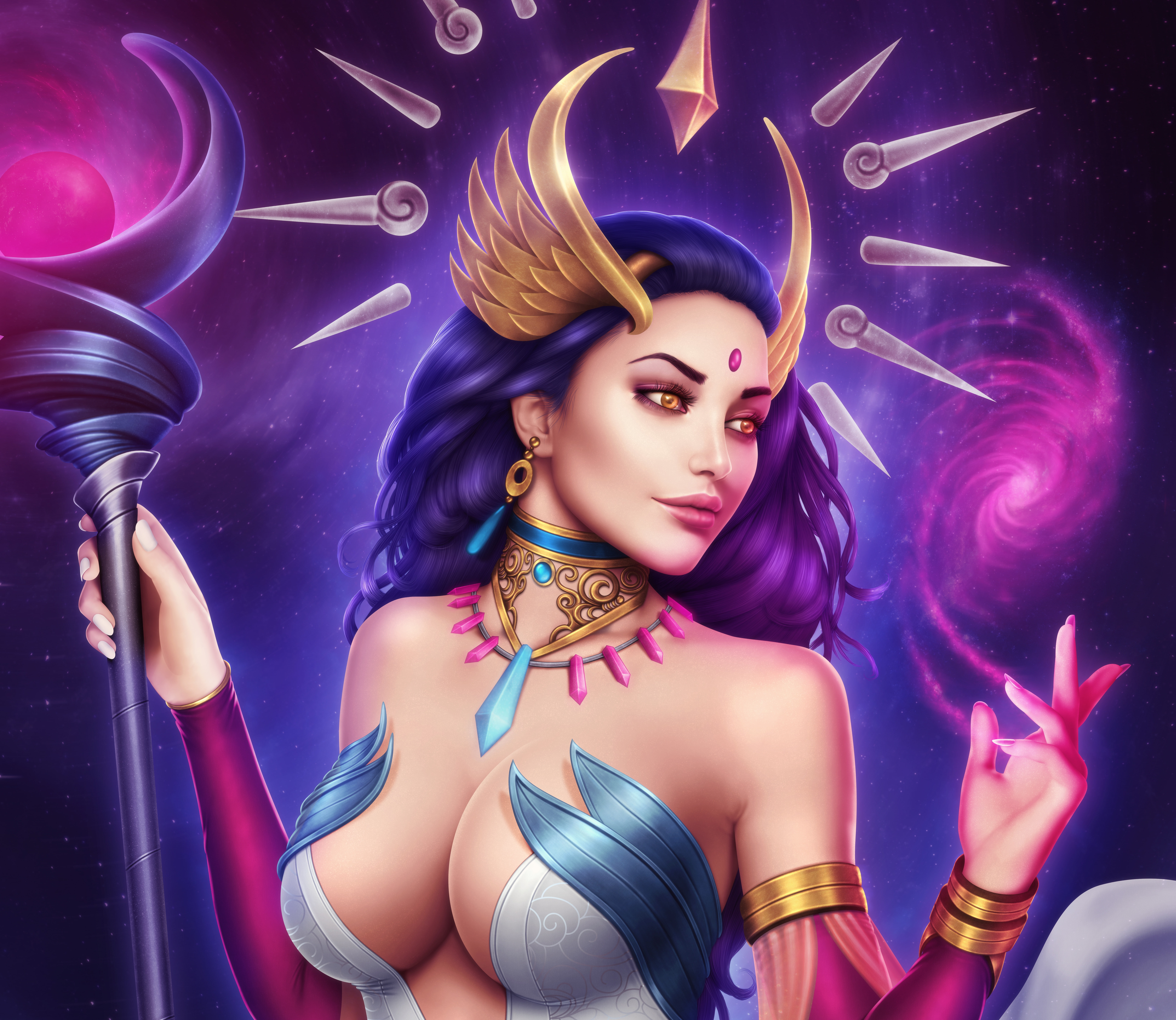 MAG, fiction, Lana Solaris, beauty, 8K, chest, art, look, hair, staff, HD Wallpaper
