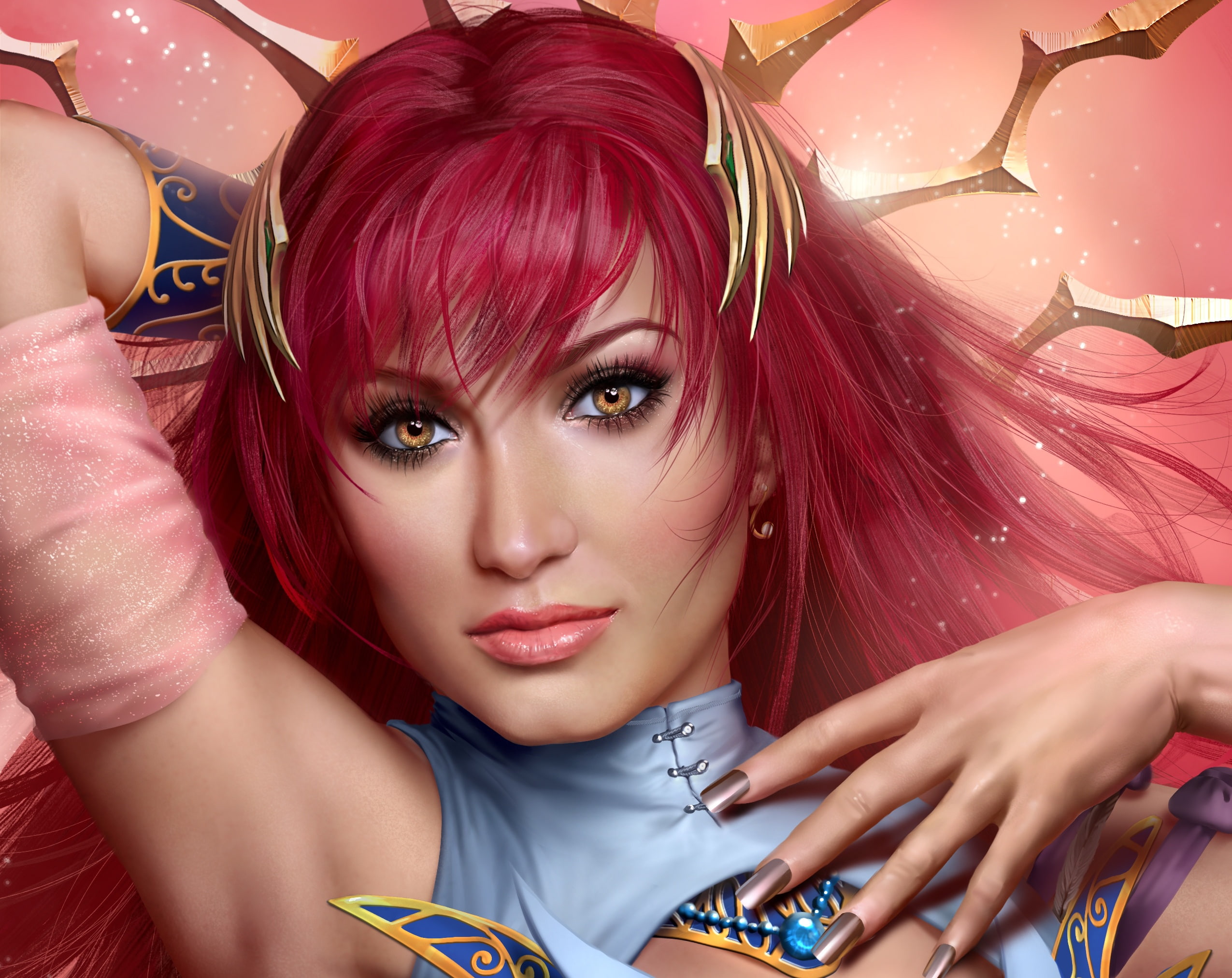 fingers, look, beauty, girl, art, 1080P, Lana Solaris, hand, red, face, HD Wallpaper