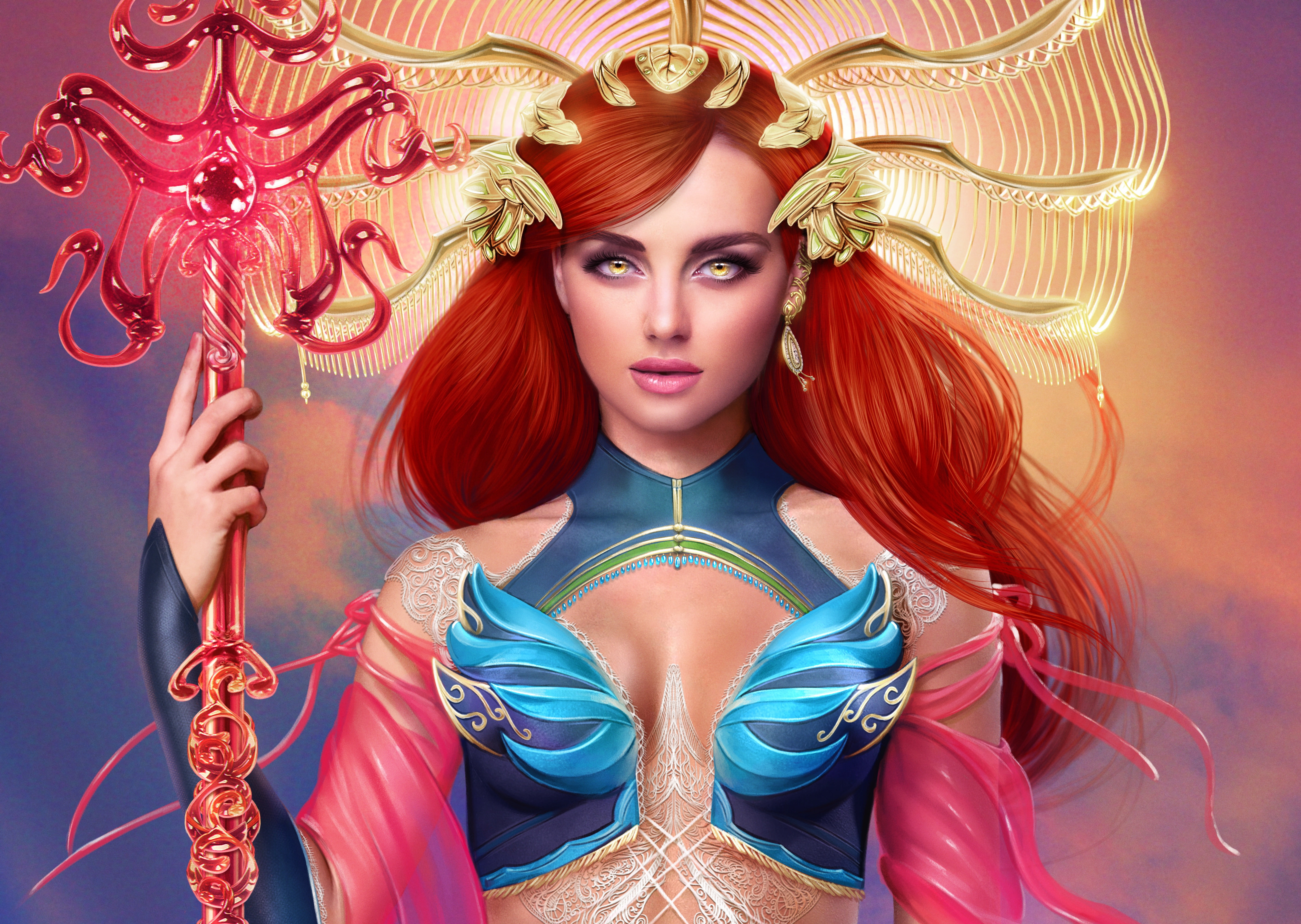 staff, girl, 5K, Lana Solaris, red, beauty, look, HD Wallpaper