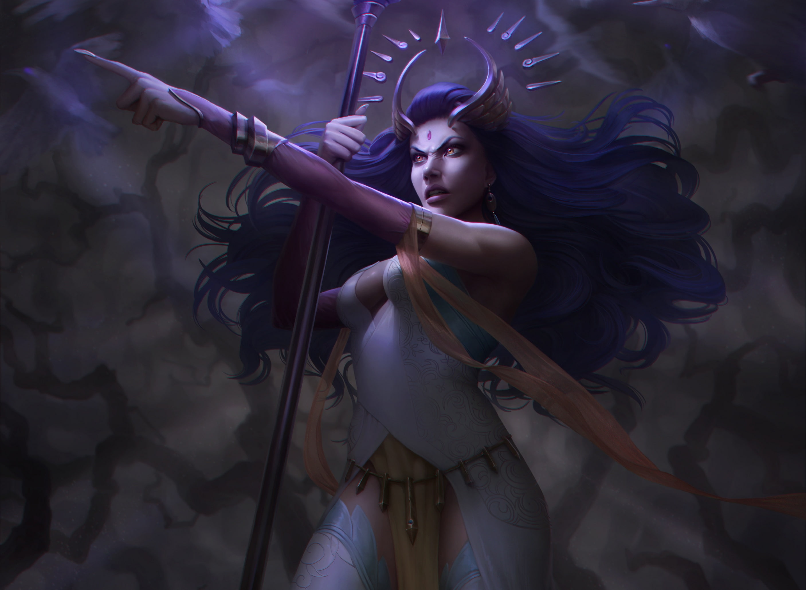 light, 2K, Lana Solaris, night, chest, birds, girl, staff, fiction, art, HD Wallpaper
