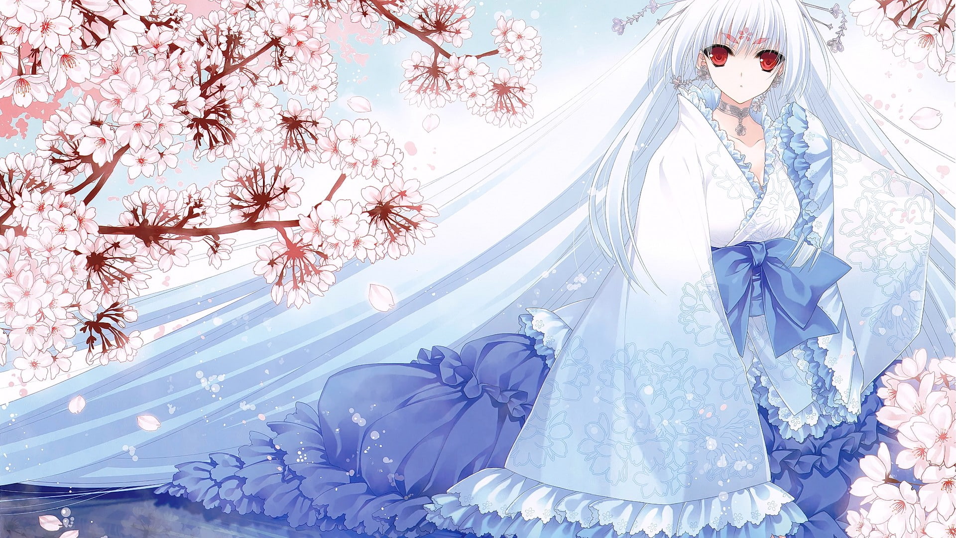 beauty in nature, digital composite, white color, branch, red eyes, flowers, outdoors, 1080P, tree, original characters, long hair, open mouth, field, HD Wallpaper