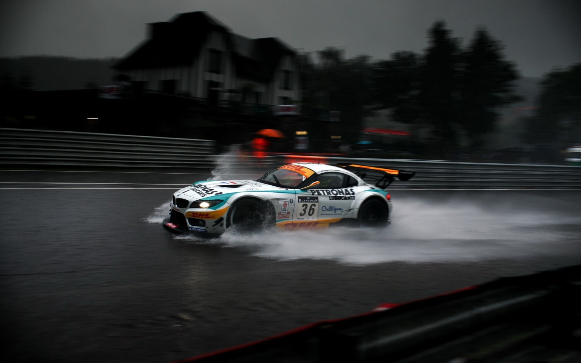 water, road, rain, sport, mode of transportation, motor vehicle, night, architecture, motion, transportation, land vehicle, sports race, BMW Z4 GT3, racecar, HD Wallpaper