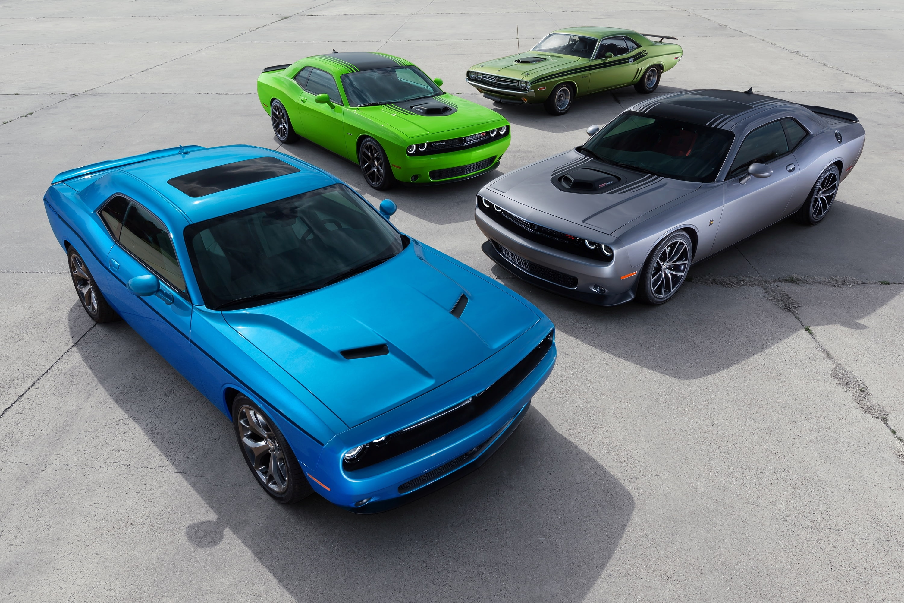 cars, four, 1970, Dodge, coupes, muscle, blue, R/T, and, 2K, Challenger, grey, assorted, 2015, green, color, HD Wallpaper