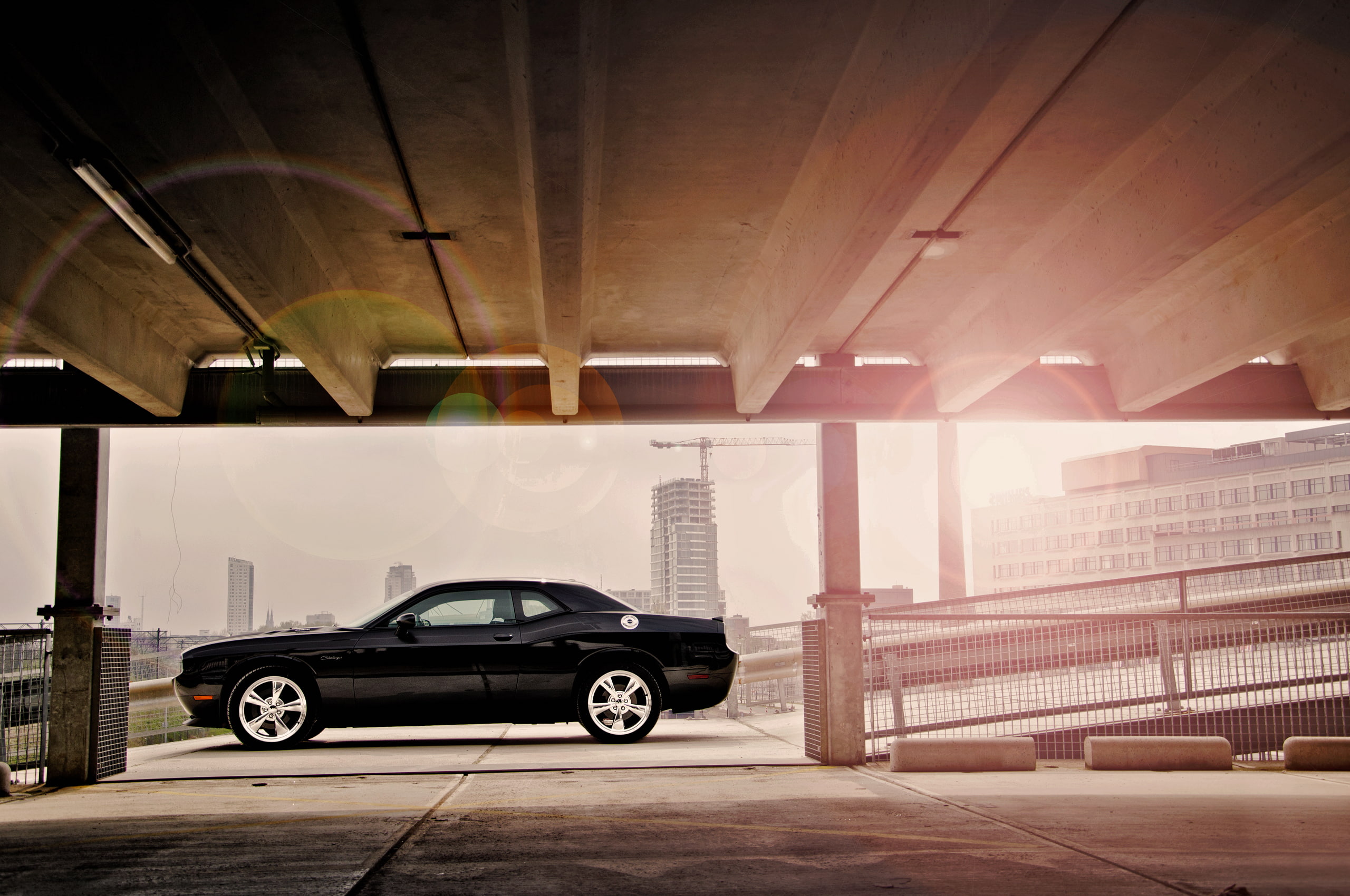 392, challenger, black, srt8, chelenzher, glare, construction, Dodge, 2K, coupe, срт8, the city, HD Wallpaper