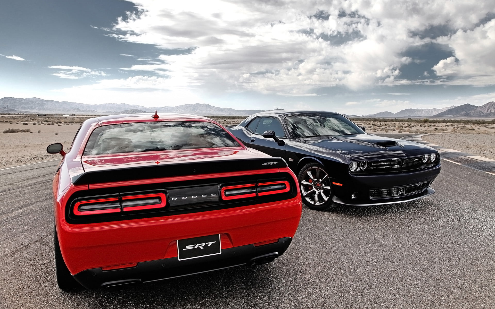 car, rear view, SRT, travel, Challenger, transportation, land vehicle, day, racecar, Dodge, black, motor vehicle, clouds, no people, the sky, mode of transportation, HD Wallpaper