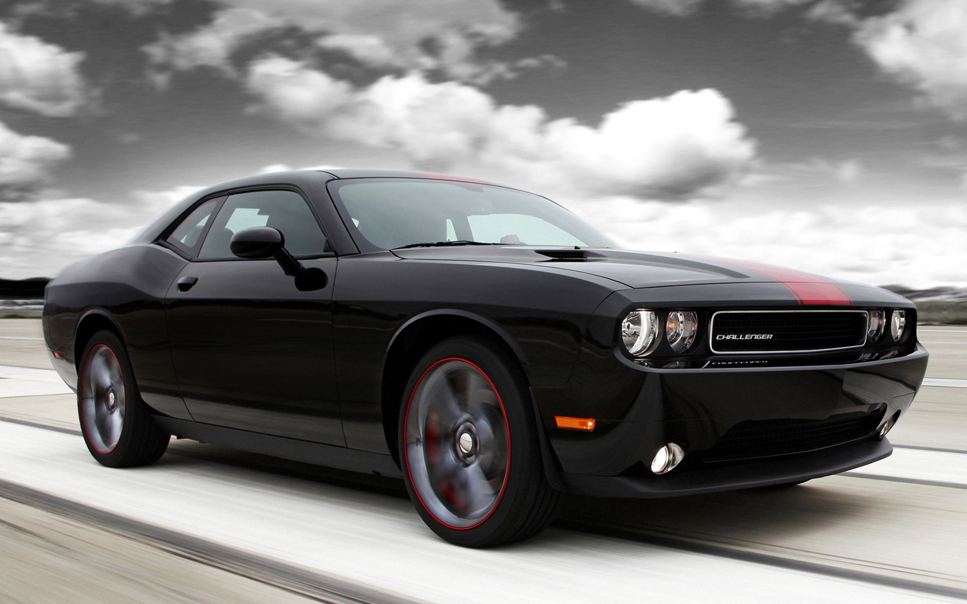 the front, black, rallye redline, 1080P, Muscle car, tuning, the sky, clouds, Dodge, challenger, chelenzher, HD Wallpaper