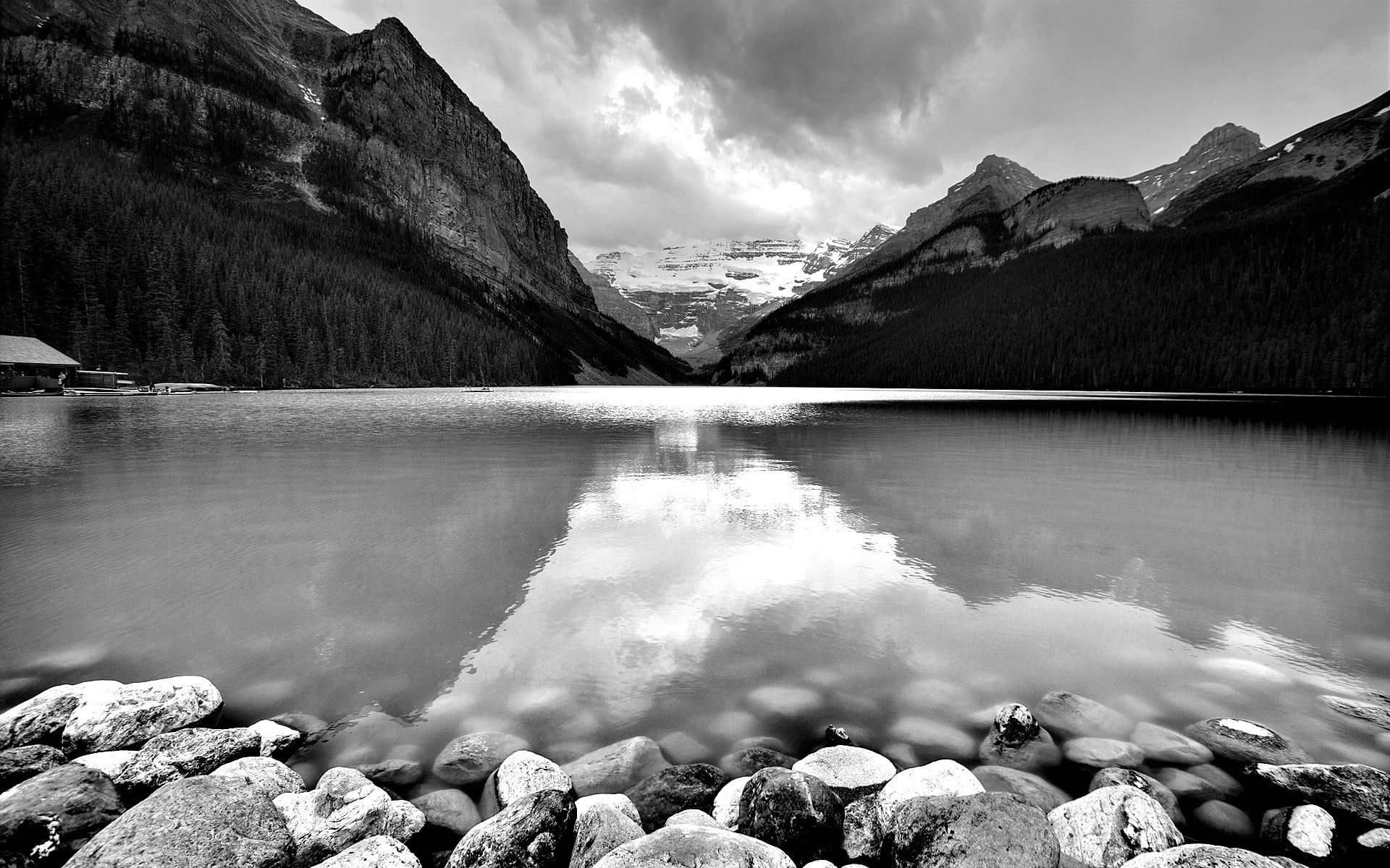 monochrome, sky, beauty in nature, cloud - sky, day, mountain, 1080P, flowing water, rock, bed, rock - object, wooden, scenics - nature, idyllic, lake, HD Wallpaper
