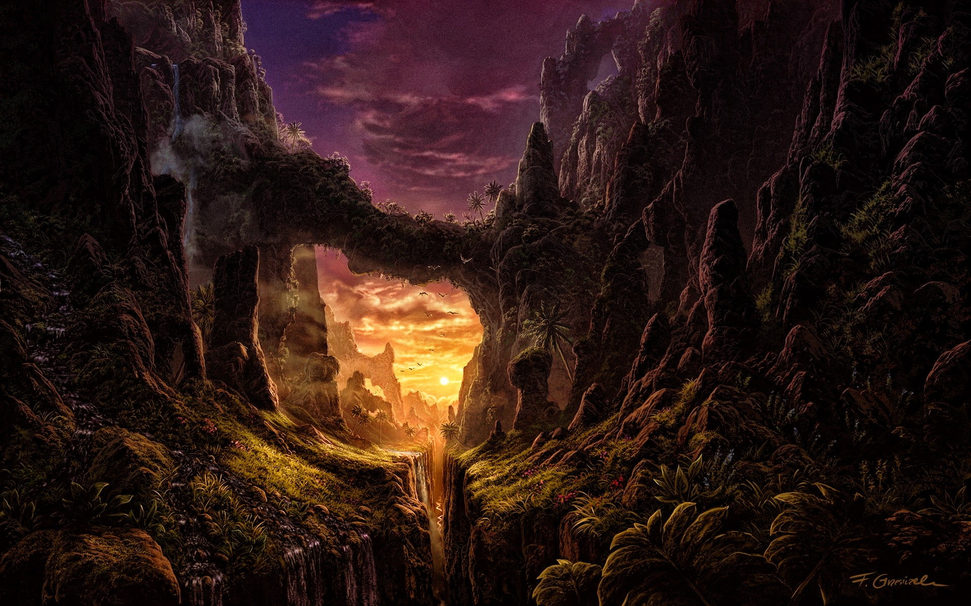 fantasy, birds, canyon, fantasy art, 1080P, art, HD Wallpaper