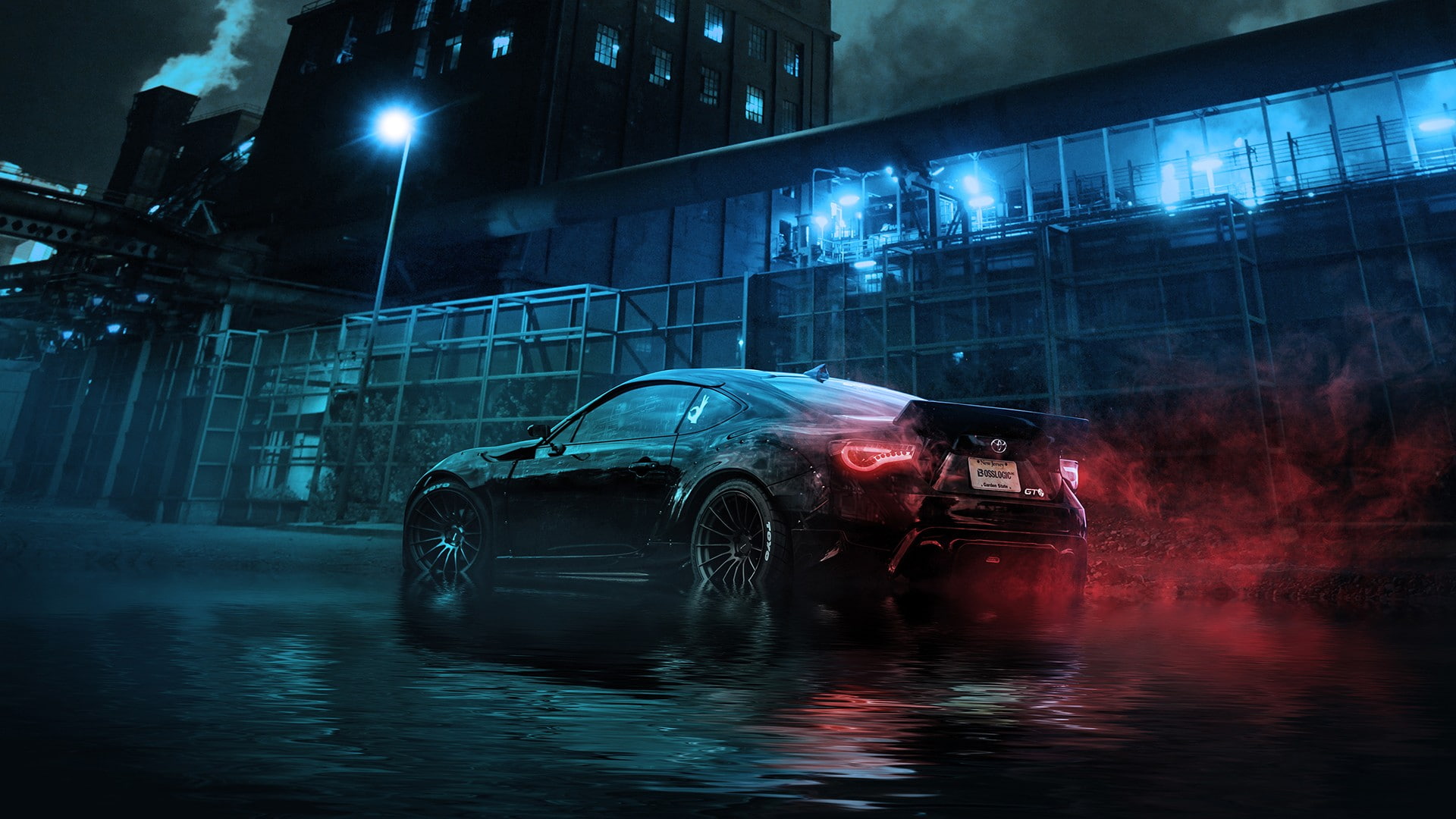 architecture, night, dark, car toyota gt86, car, extreme weather, 1080P, rain, transportation, accidents and disasters, environment, torrential rain, city, HD Wallpaper