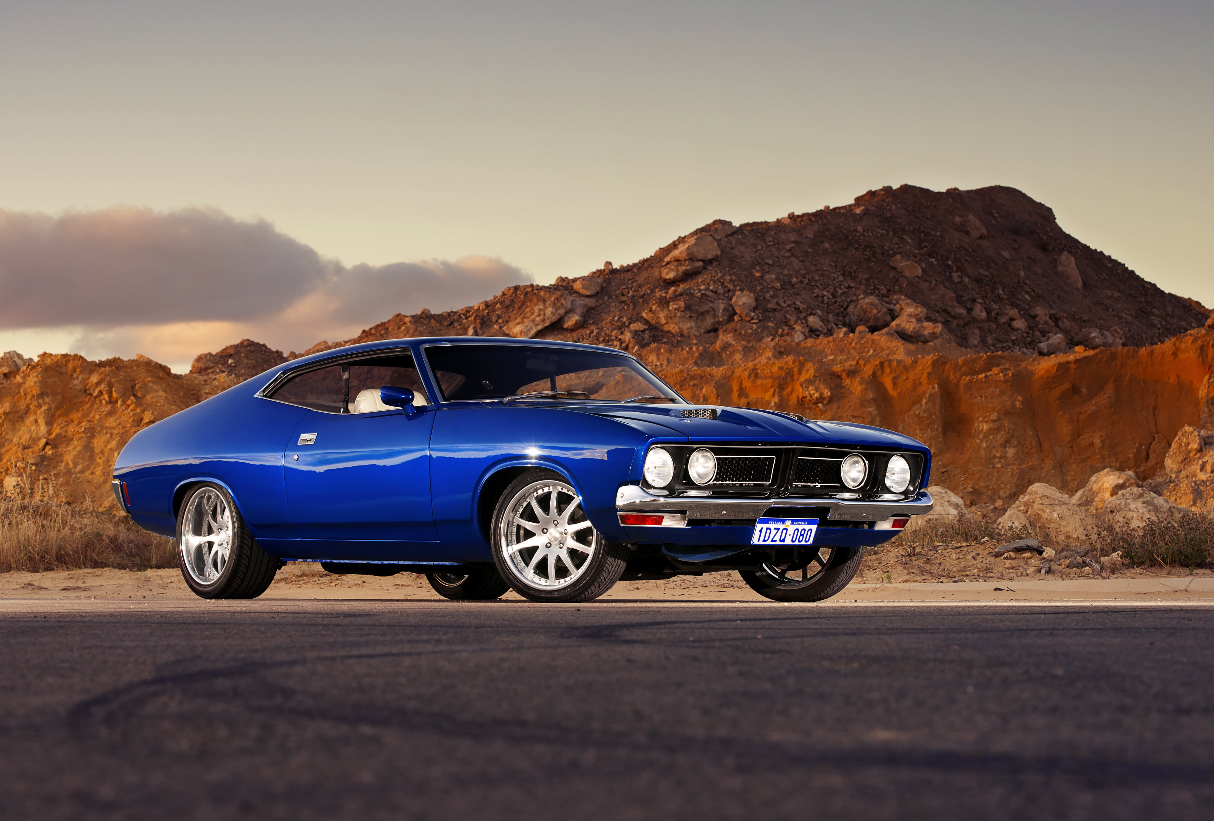 landscape, motion, travel, elegance, mode of transportation, dirt Road, Ford Falcon GT, design, remote, outdoors, rechange, sedan, blue, mountain, new, HD Wallpaper