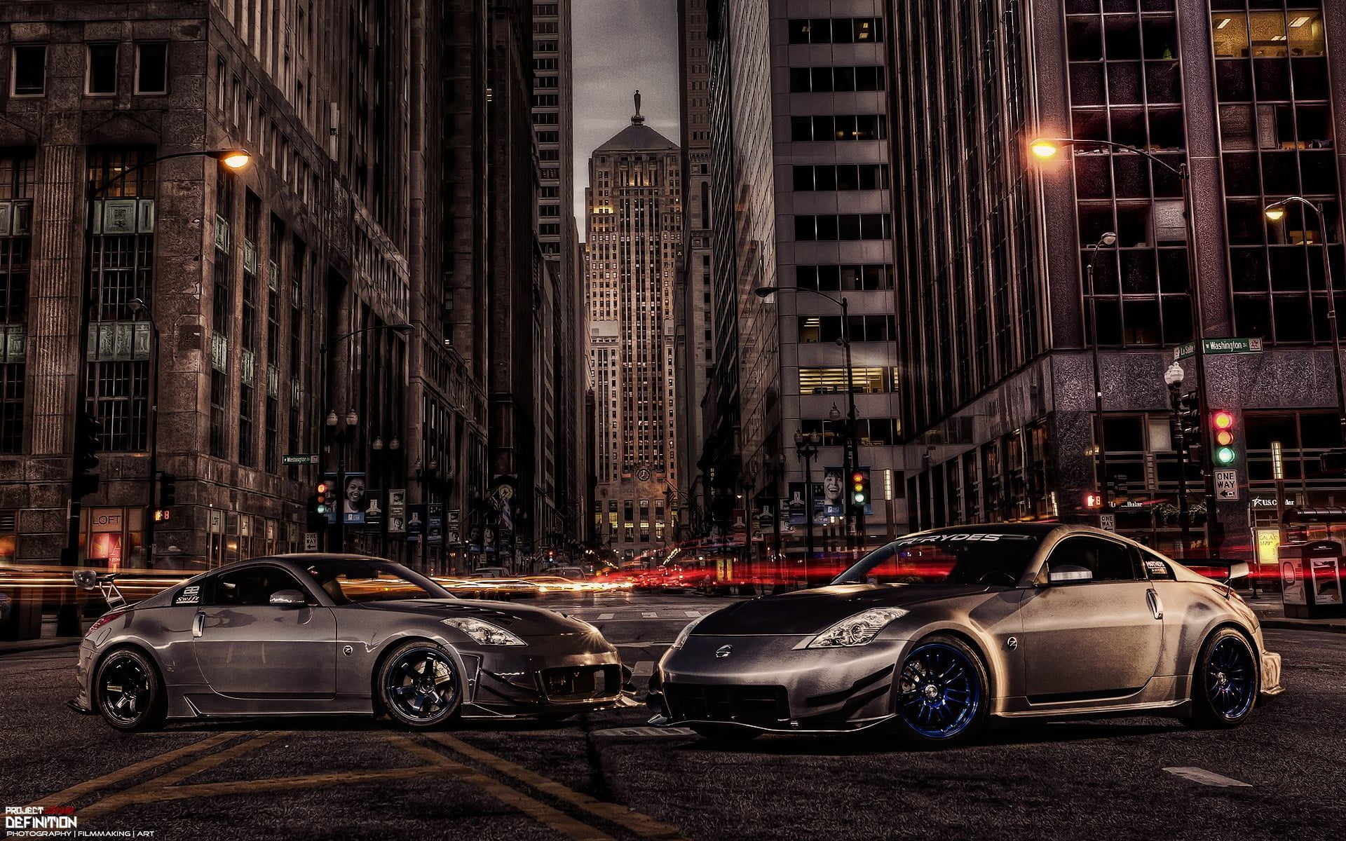 building exterior, car, nissan 350z, the city, illuminated, city street, office building exterior, tuning, night, built structure, on the move, architecture, HD Wallpaper