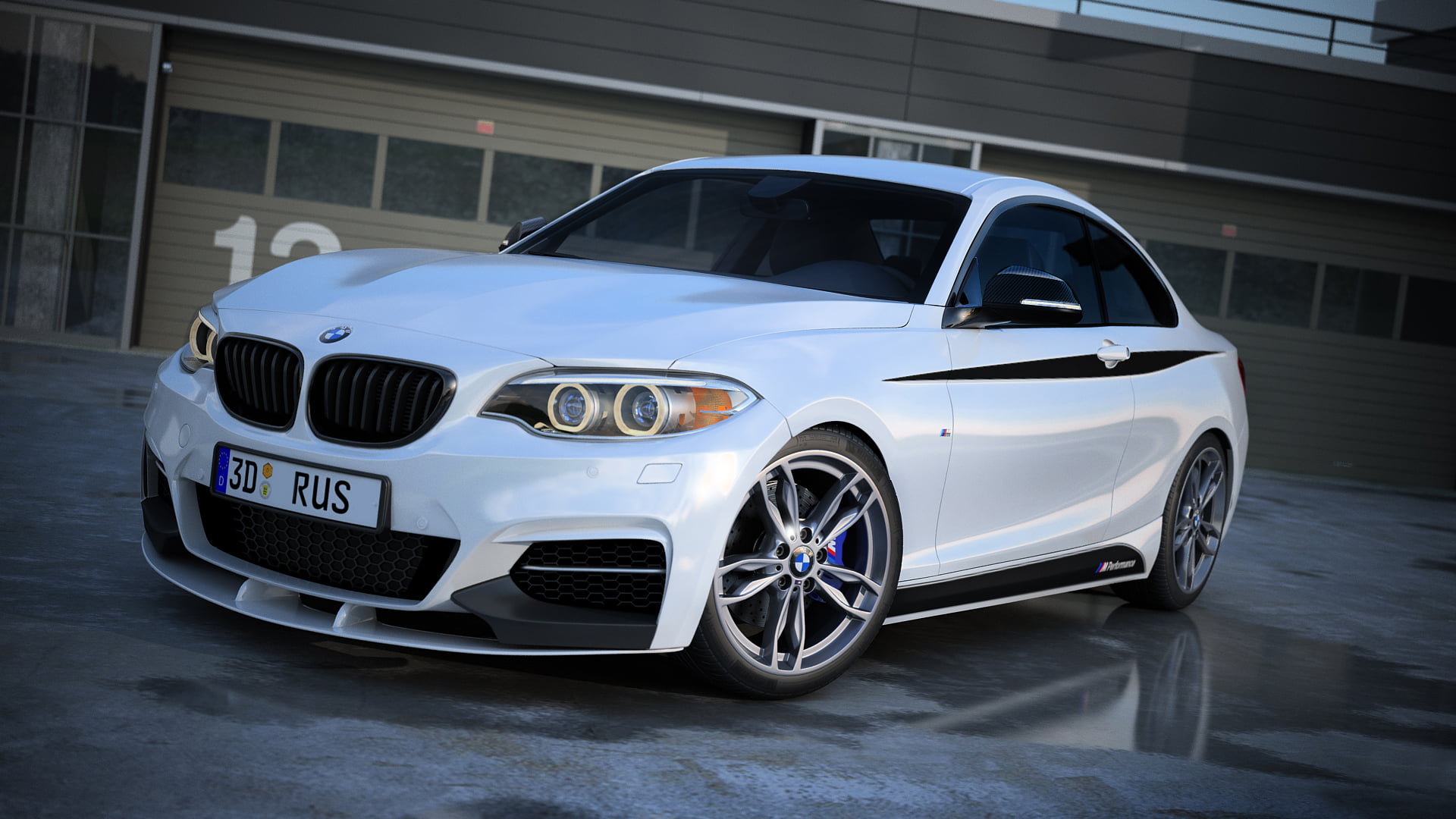 motor vehicle, BMW, garage, transportation, bmw 235i, luxury, vintage car, render, parking lot, day, 1080P, architecture, m performance, sports car, built structure, HD Wallpaper