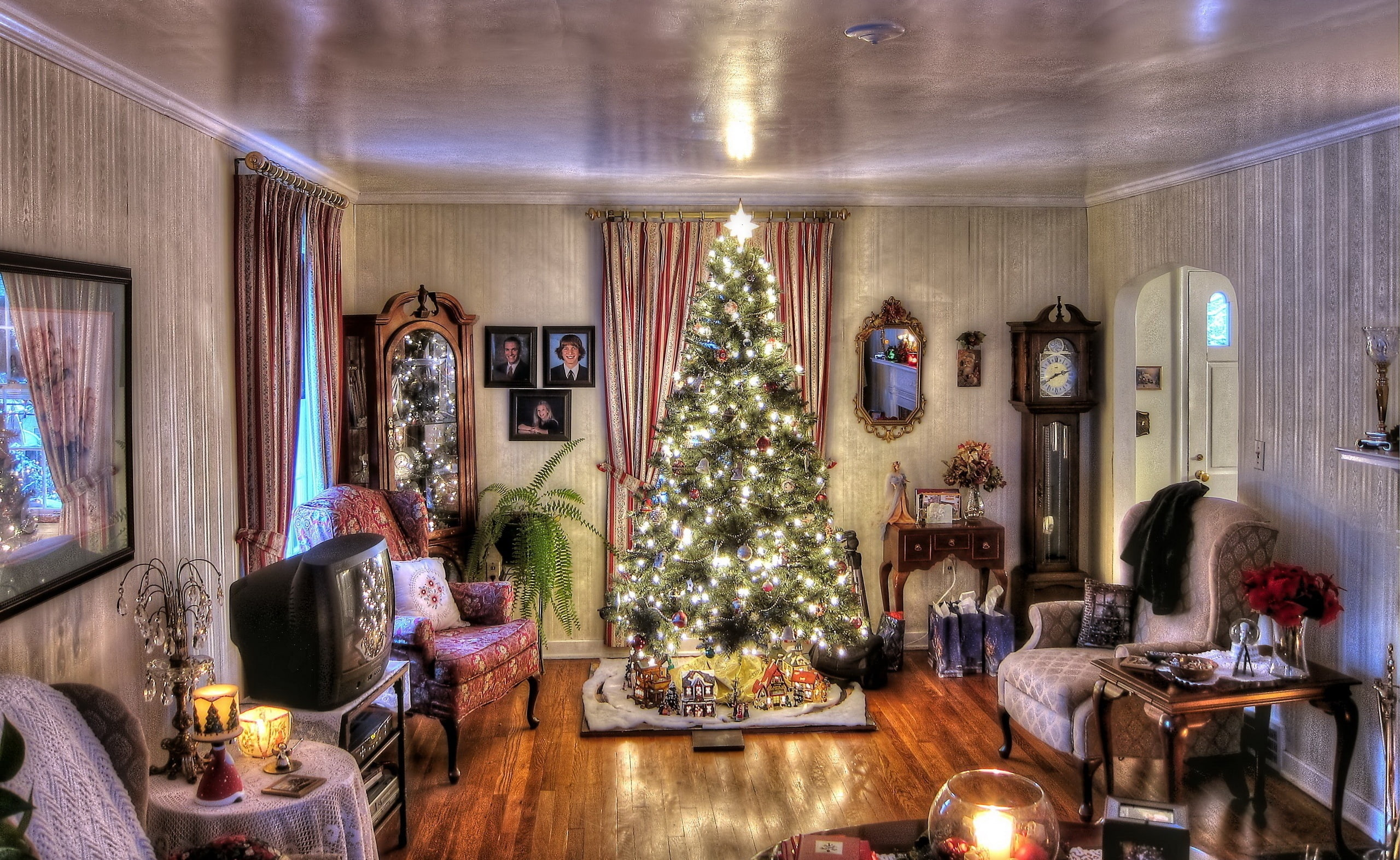 no people, christmas ornament, tv, home interior, Holidays, table, crt, black, tree, Classic, spirituality, Christmas, Room, absence, 2K, seat, chair, HD Wallpaper