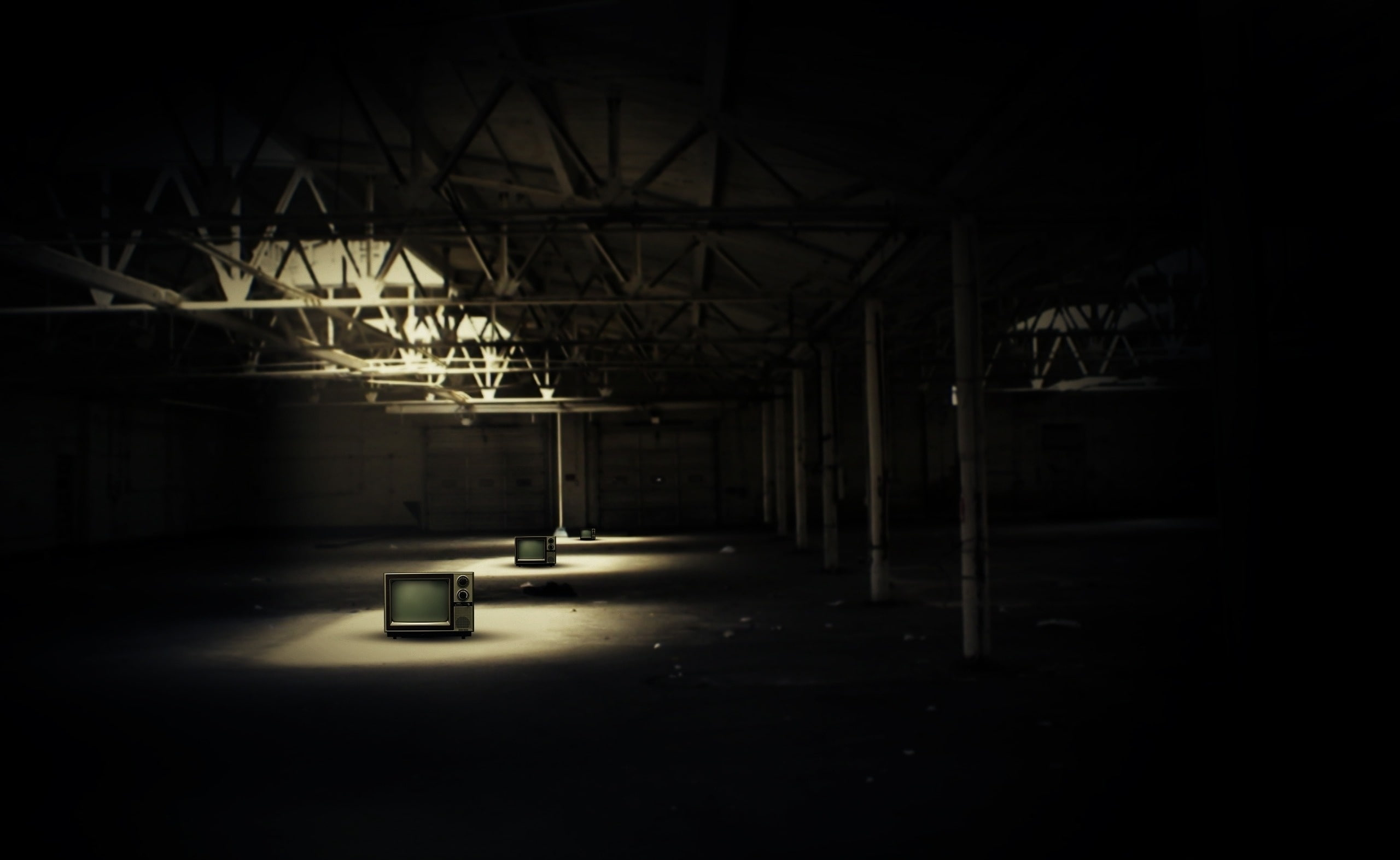 ceiling, abandoned, architecture, crt, 2K, electric lamp, illuminated, night, tv, mode of transportation, empty, absence, built structure, light - natural phenomenon, HD Wallpaper