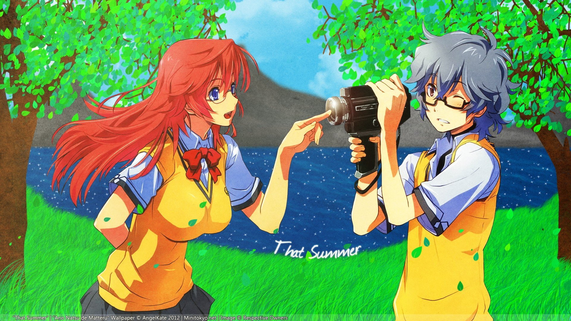 eyes, blue, redheads, school, water, natsu, uniforms, boys, kaito, anime, cameras, ano, trees, girls, black, matteru, hair, tie, kirishima, ichika, glasses, HD Wallpaper