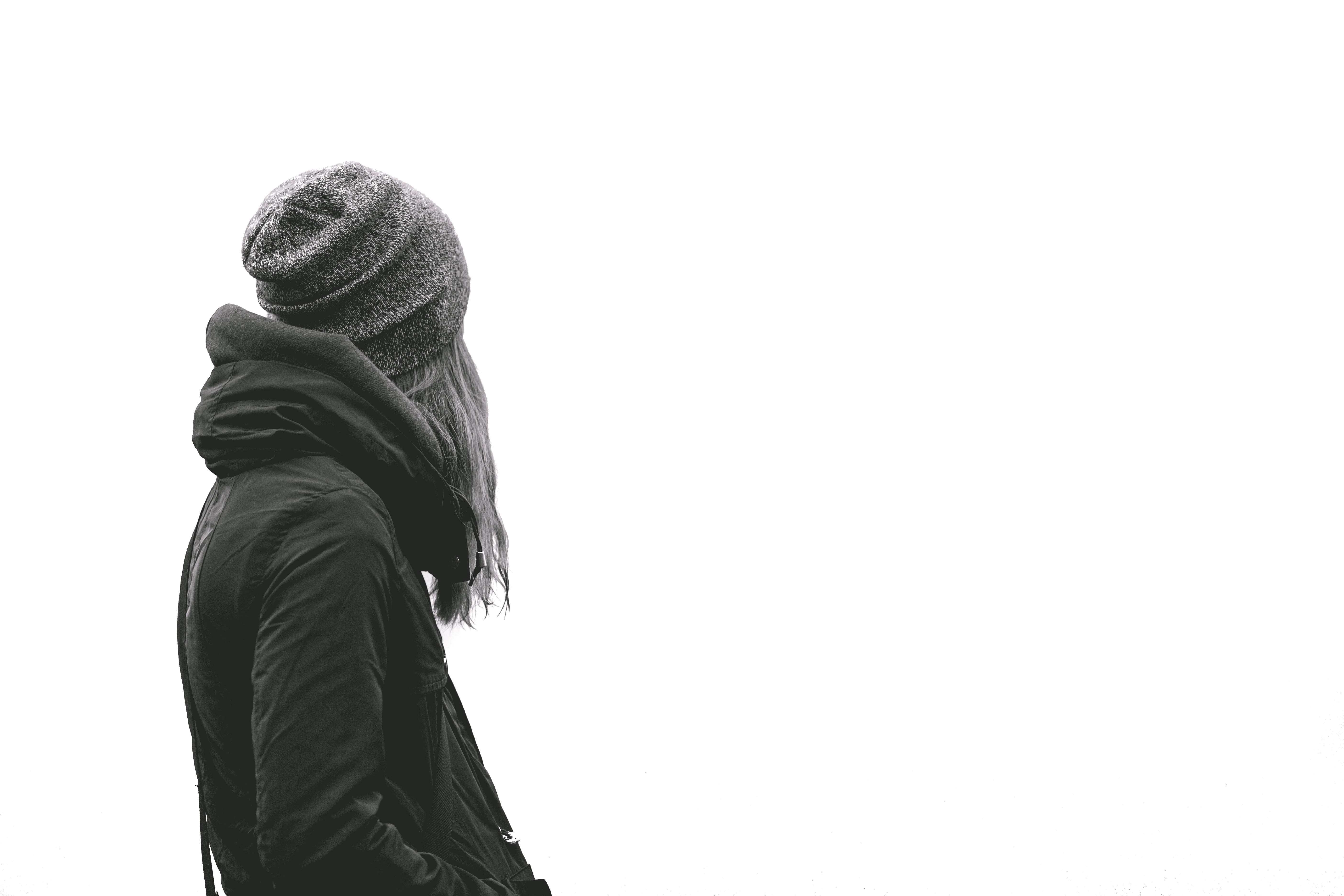 knit hat, back, woman, copy space, beanie, clear sky, hat, sweater, background, portrait, hairstyle, contemplate, people, lady, white, style, low angle view, HD Wallpaper
