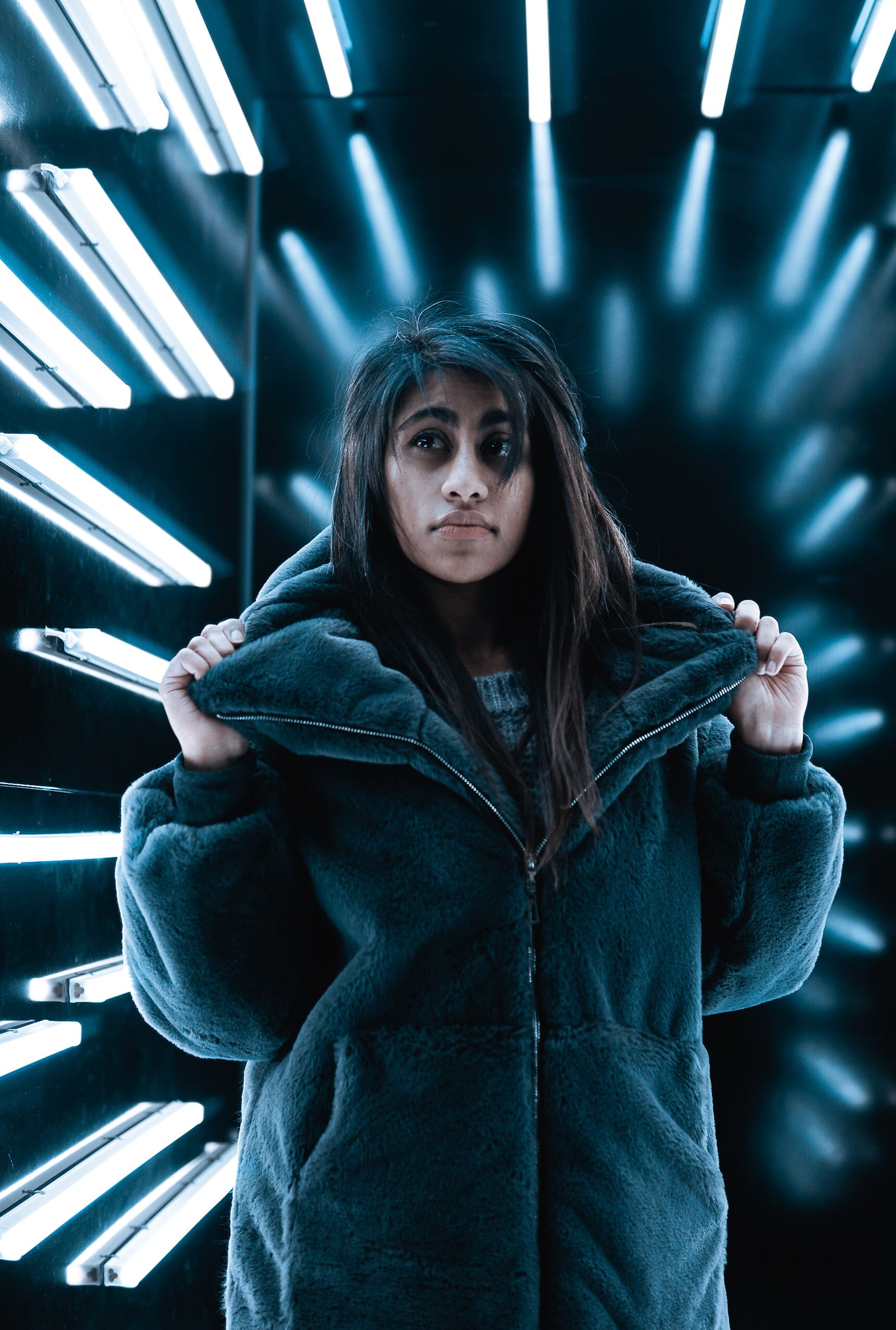 fashion, person, young women, hoodie, indoors, hair, hood, front view, contemplation, long hair, beijing, lighting, apparel, fleece, lighted, women, china, Phone HD Wallpaper