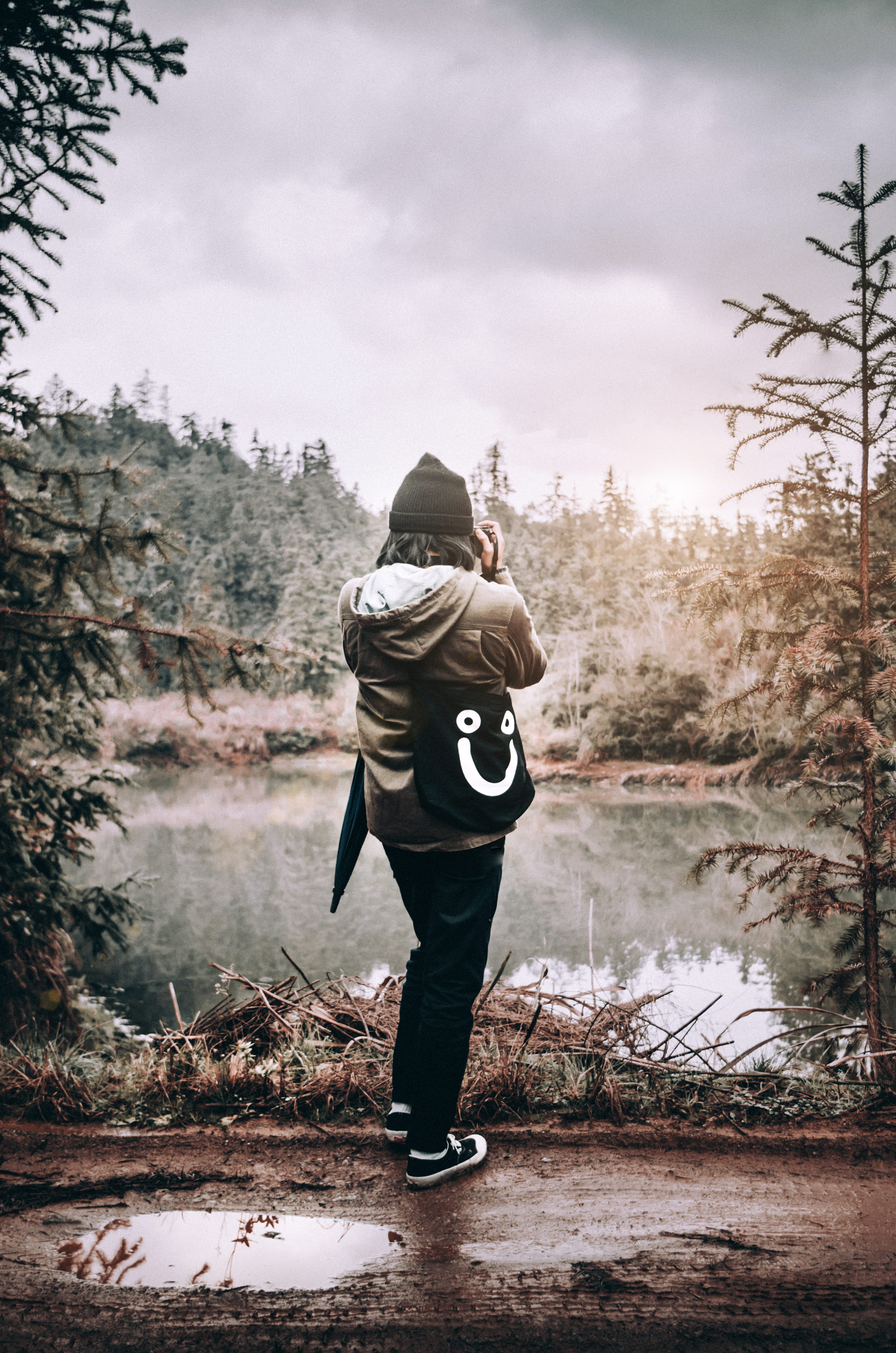 nature, tranquility, clothing, forest, rear view, woodland, outdoors, human, 4K, hoodie, one person, sweater, conifer, water, land, vegetation, footwear, Phone HD Wallpaper