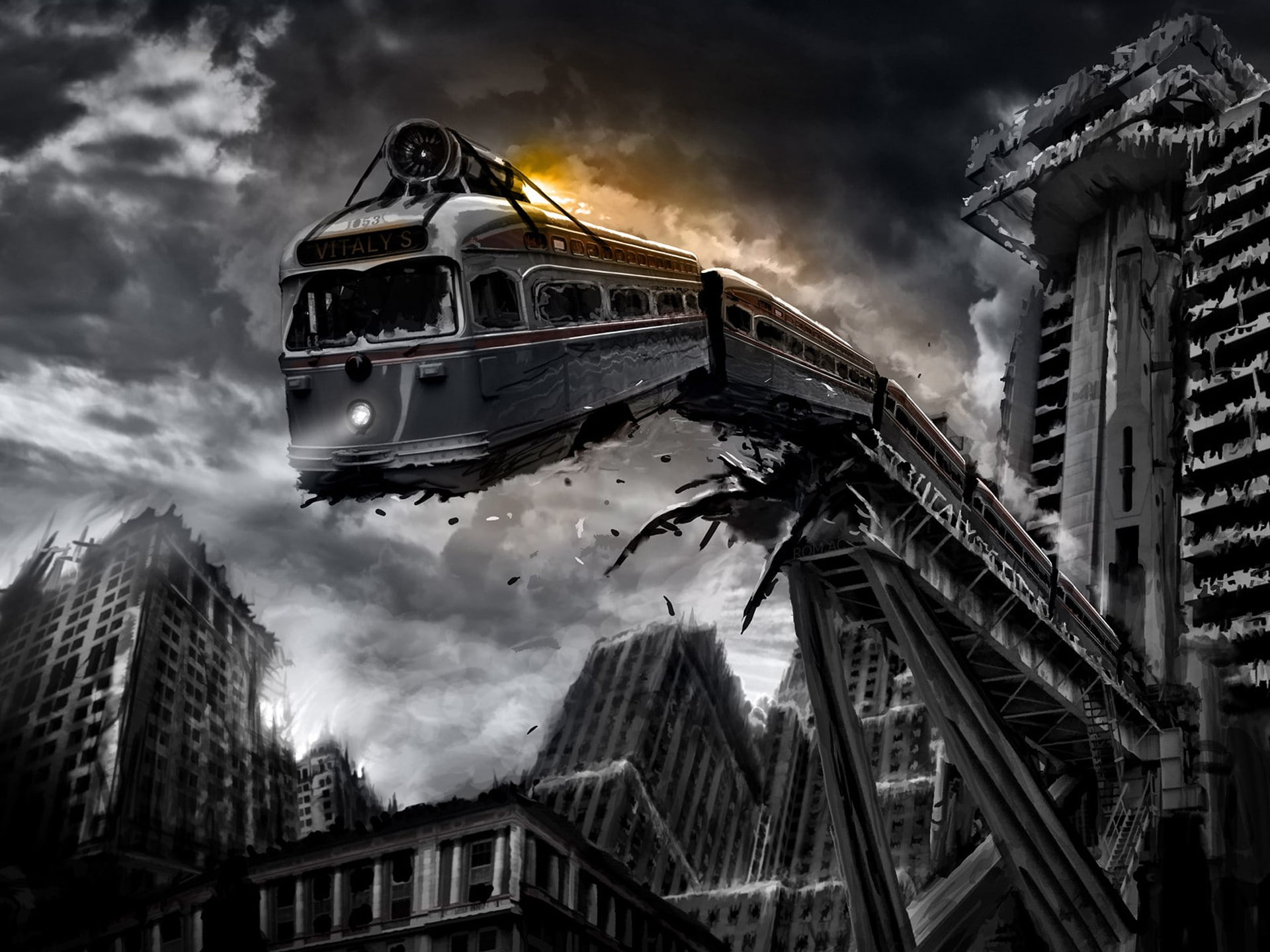 travel destinations, digital art, Romantically Apocalyptic, motion, monochrome, building exterior, low angle view, digital composite, architecture, skyscraper, HD Wallpaper