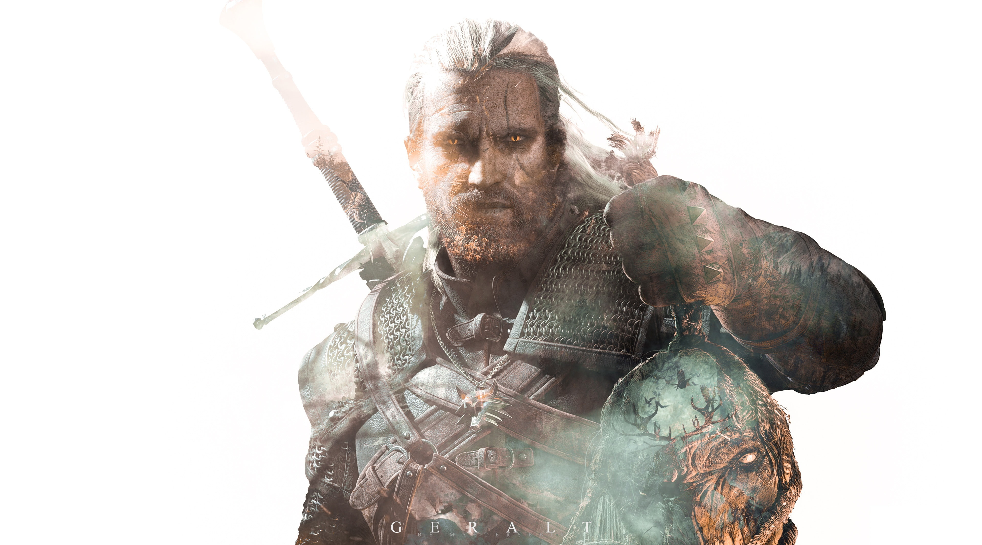 looking at camera, witcher 3, front view, 4K, nature, three quarter length, waist up, studio shot, facial hair, The Witcher, geralt riva, Games, rivia, HD Wallpaper