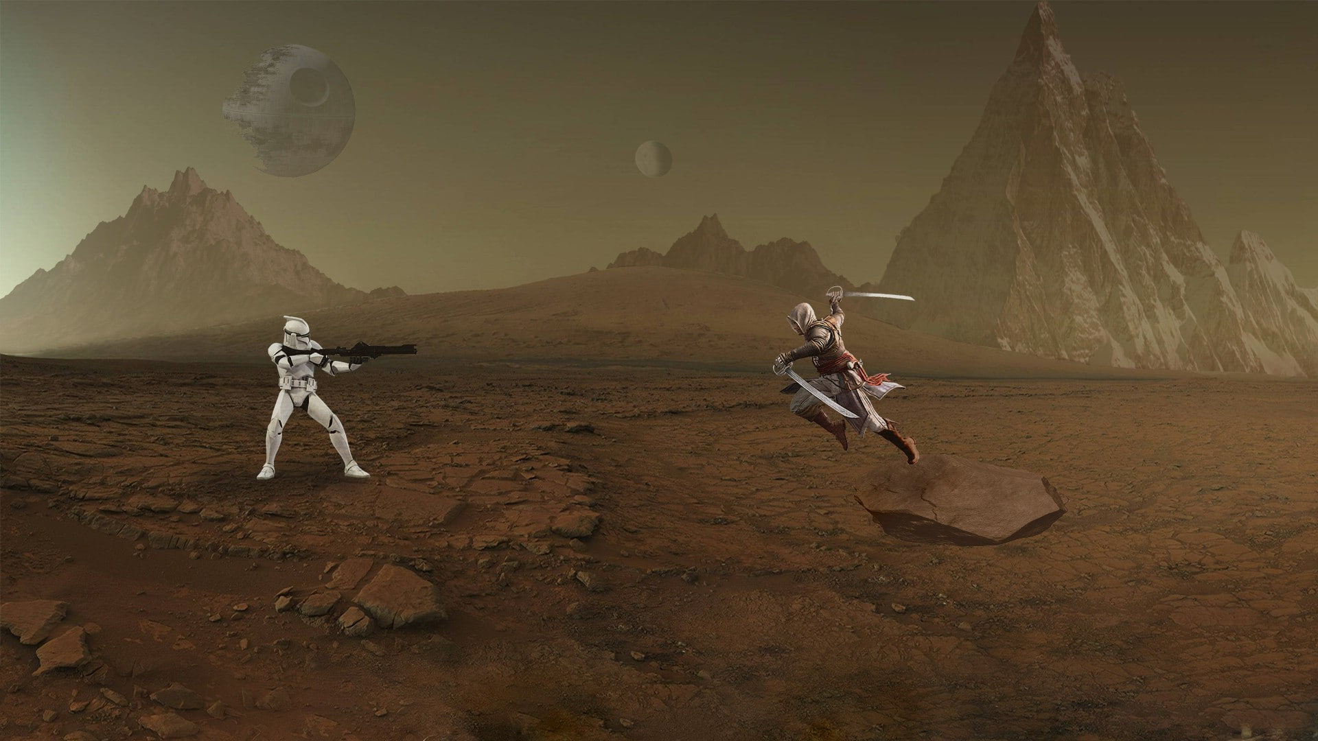 space, Photoshopped, nature, full length, transportation, Clone Trooper, land, scenics - nature, two people, real people, mountain, desert, Mars, landscape, HD Wallpaper