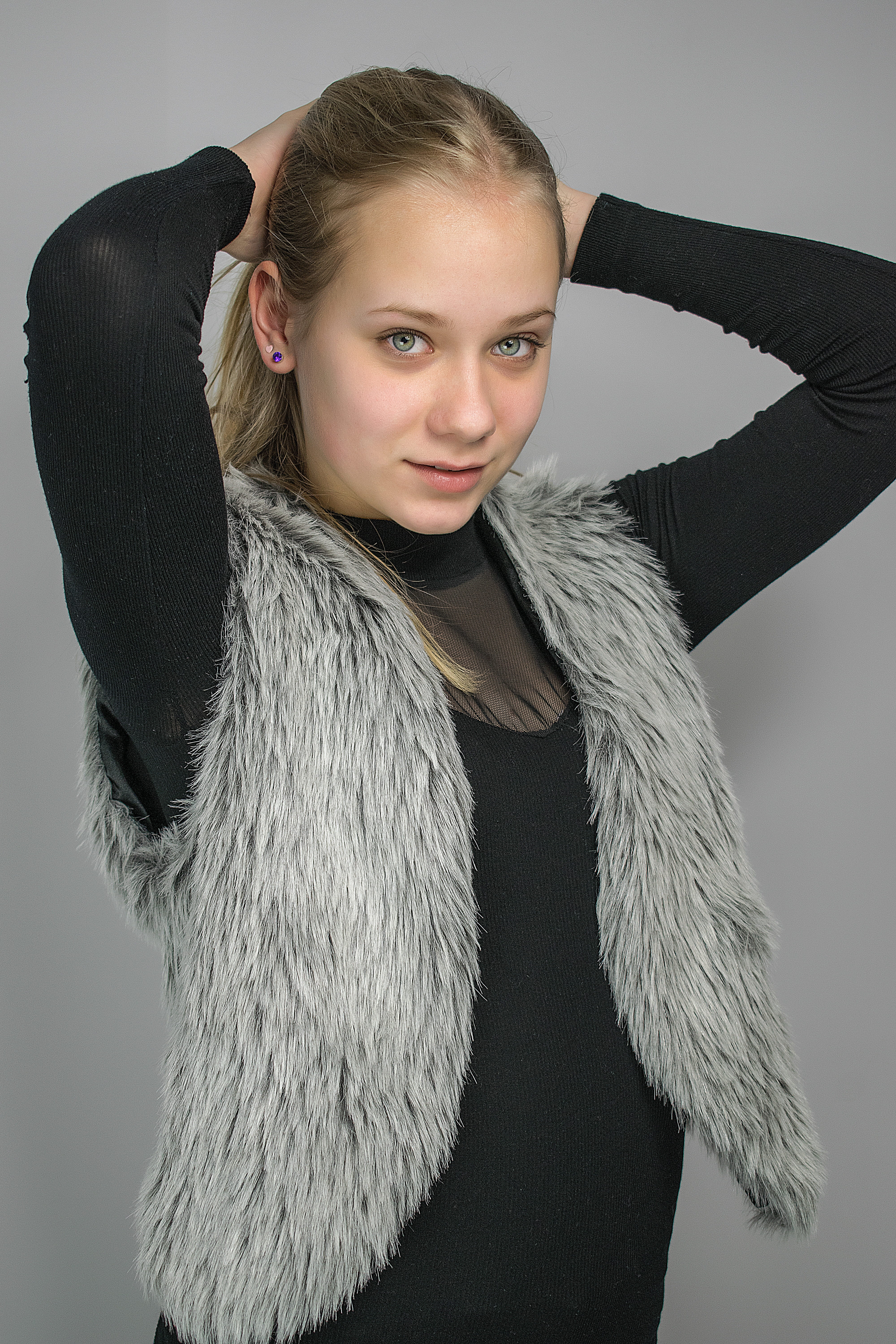 gray, standing, indoors, hair, fashion, girl, girls, hairstyle, clothing, teenager, eyes, looking at camera, warm clothing, waist up, fur coat, black, studio photo, Phone HD Wallpaper