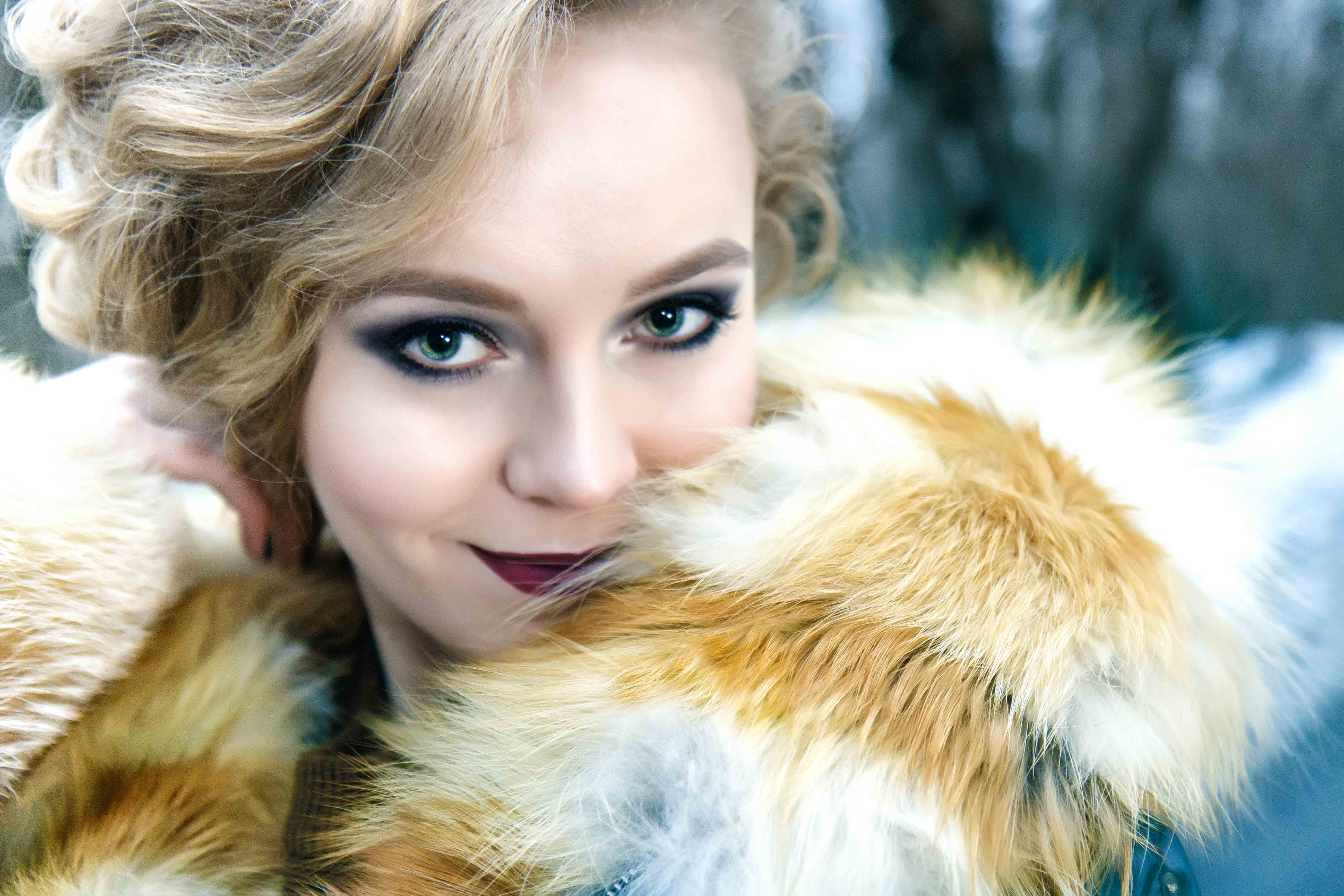 hair, beautiful woman, one person, brown, blond hair, beauty, warm clothing, hairstyle, makeup, women, views, headshot, portrait, winter, happy eyes, white, HD Wallpaper