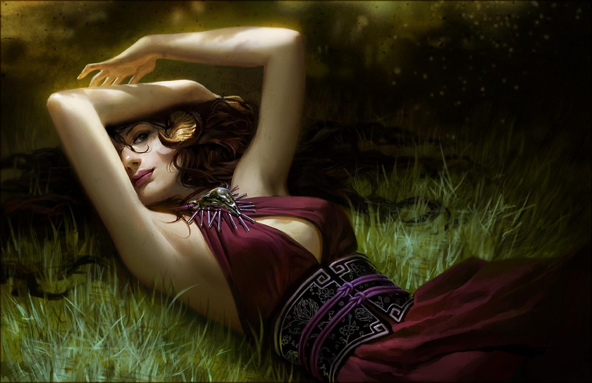 d, wearing, fashion, grass, sleeveless, outdoors, 1080P, girls, character, one person, Characters, woman, bed, illustration, 3D, arms raised, lying down, HD Wallpaper