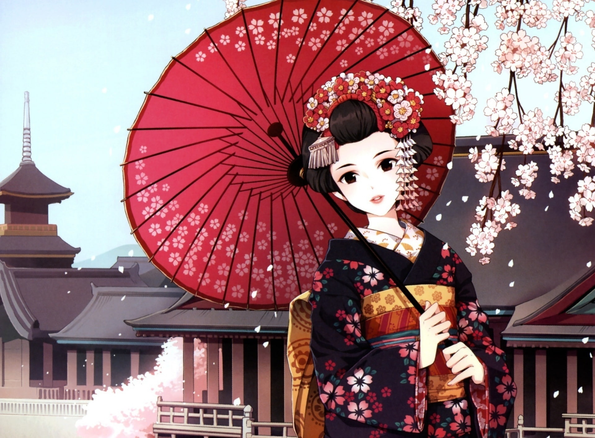 pink, robe, umbrella, adult, traditional clothing, floral, fashion, built structure, Girl, Spring, illustration, wearing, Artistic, arts culture and entertainment, HD Wallpaper