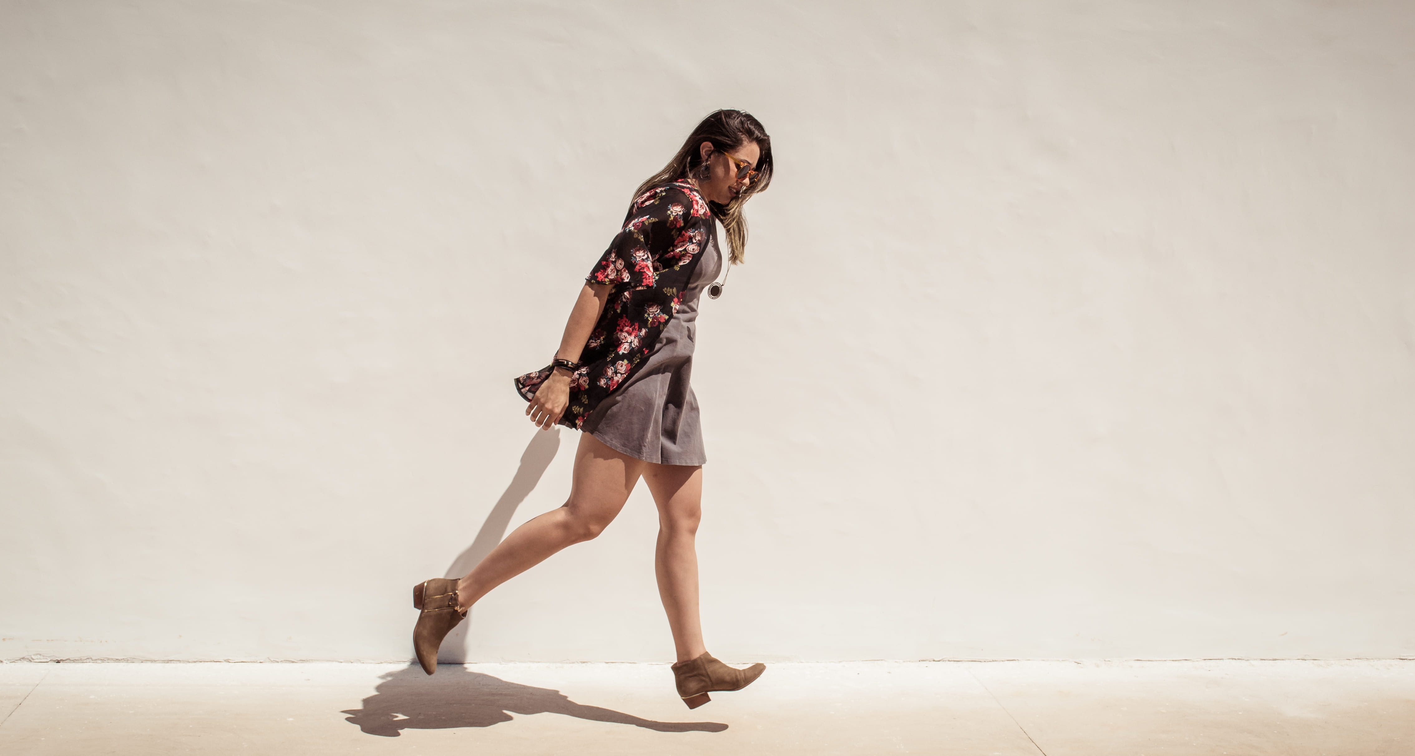 brown hair, daytime, shoe, standing, style, hairstyle, shadow, run, women, beauty, adult, concrete, wearing, fashion, profile, beside, near, copy space, HD Wallpaper