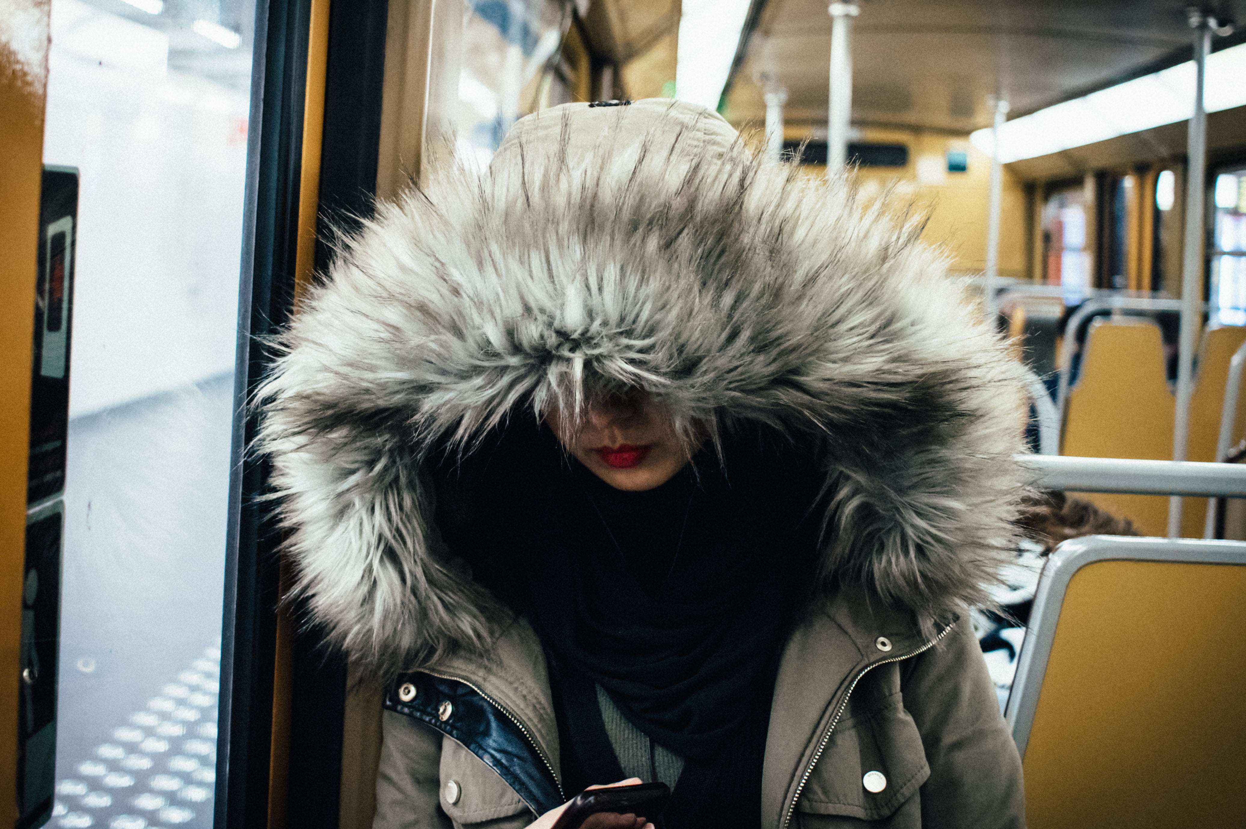 urban, one person, portrait, jacket, metro, travel, 4K, public transportation, beauty, redlips, train, winter, mode of transportation, subway train, clothing, HD Wallpaper