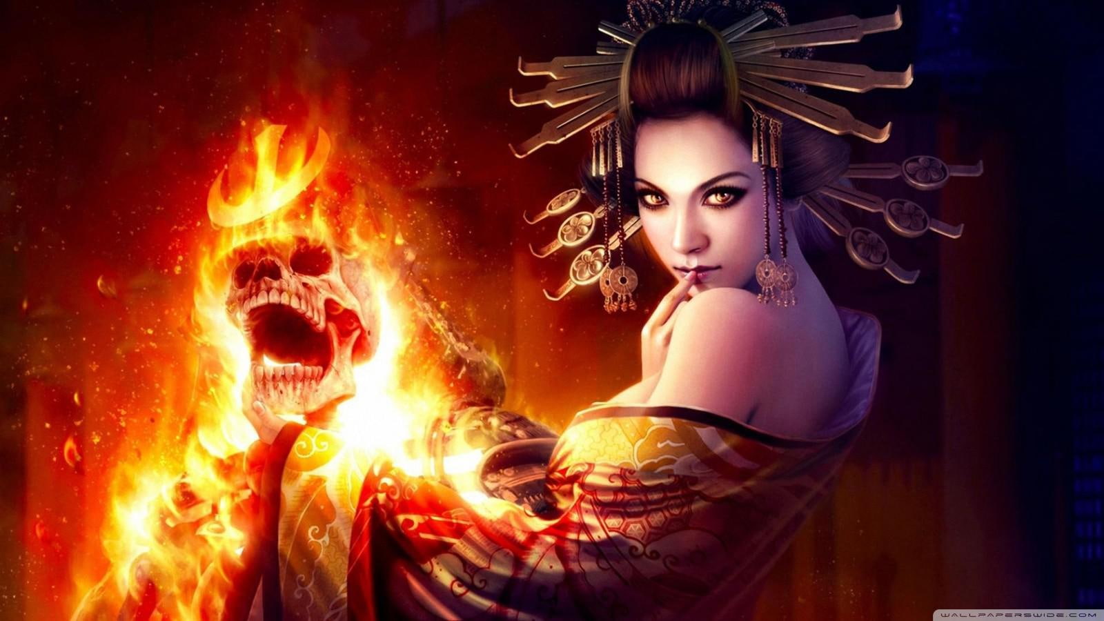 art, 720P, skulls, women, background, fantasy, witch, HD Wallpaper