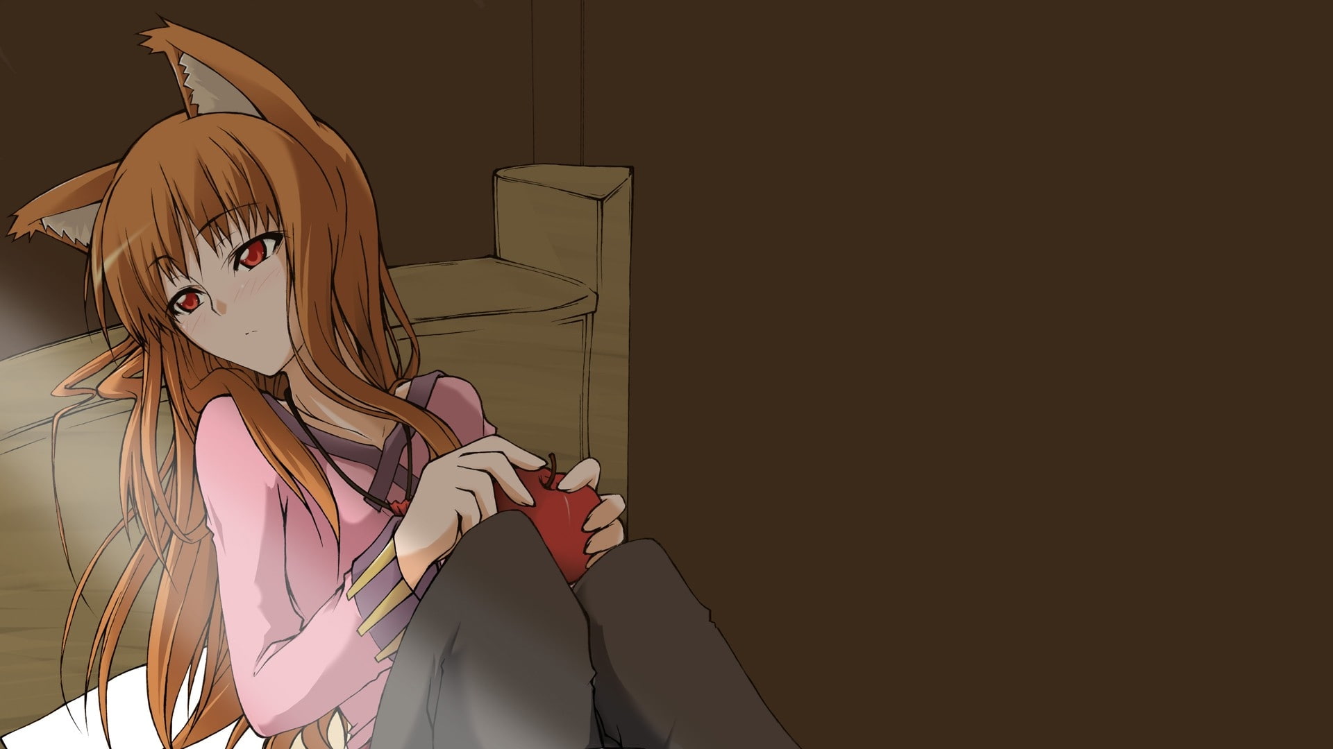 eyes, ears, anime, animal, sad, hd, Spice and Wolf, blush, art, wise, red, x, apples, apple, spice, 1080P, girls, technology, wolf, holo, HD Wallpaper