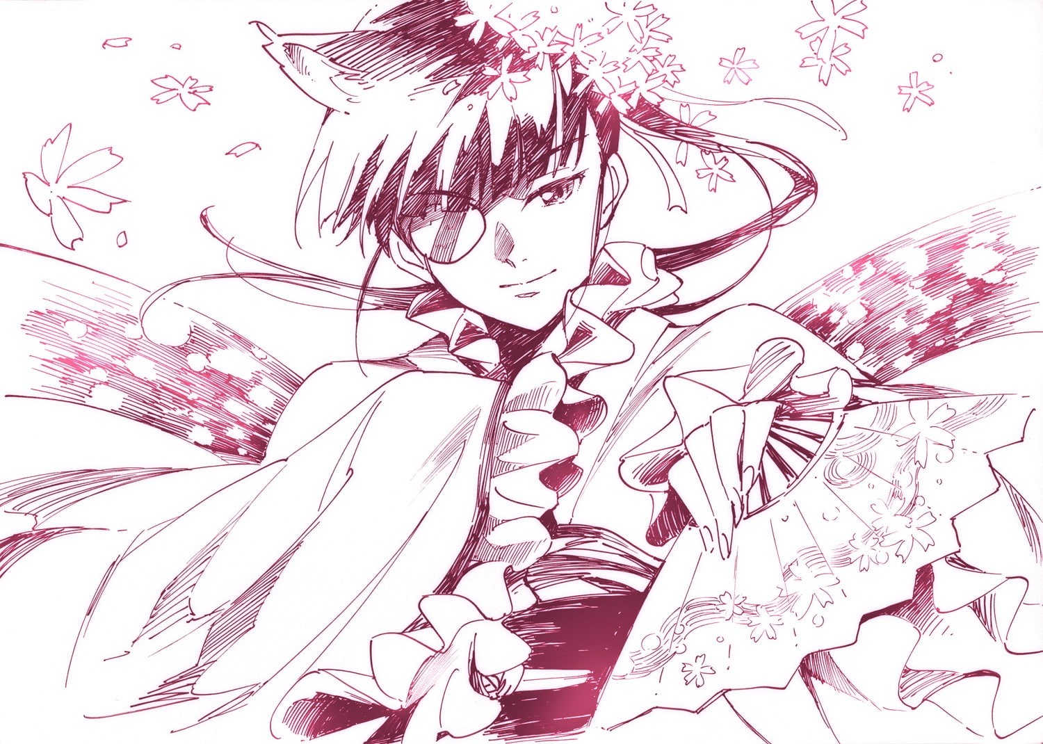 japanese, strike, fan, mio, clothes, witches, 720P, konachan, eyepatch, monochrome, ponytail, ears, agahari, kimono, 249172, animal, sakamoto, com, sketch, HD Wallpaper