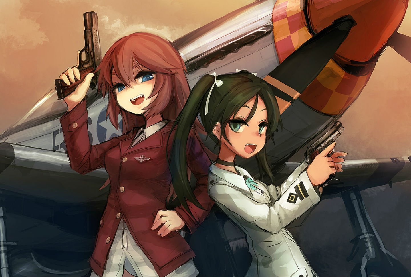uniform, long, strike, girls, green, red, 720P, fang, blue, eyes, aircraft, bow, black, noconol, weapon, twintails, gun, hair, choker, witches, HD Wallpaper