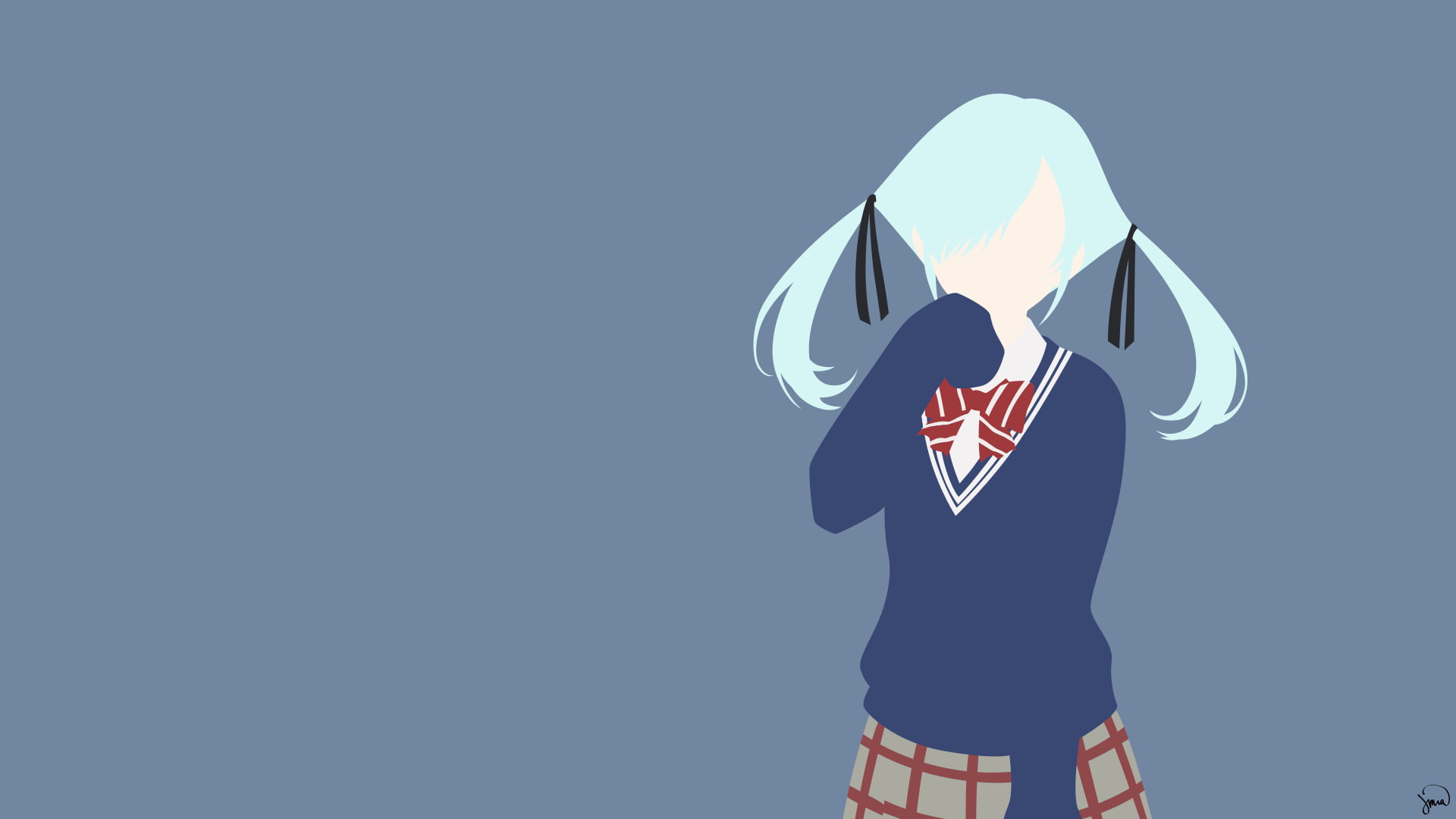 real people, anime girls, minimalism, studio shot, casual clothing, Yamada-kun to 7-nin no Majo, one person, sky, sunlight, rear view, adult, day, blue background, HD Wallpaper